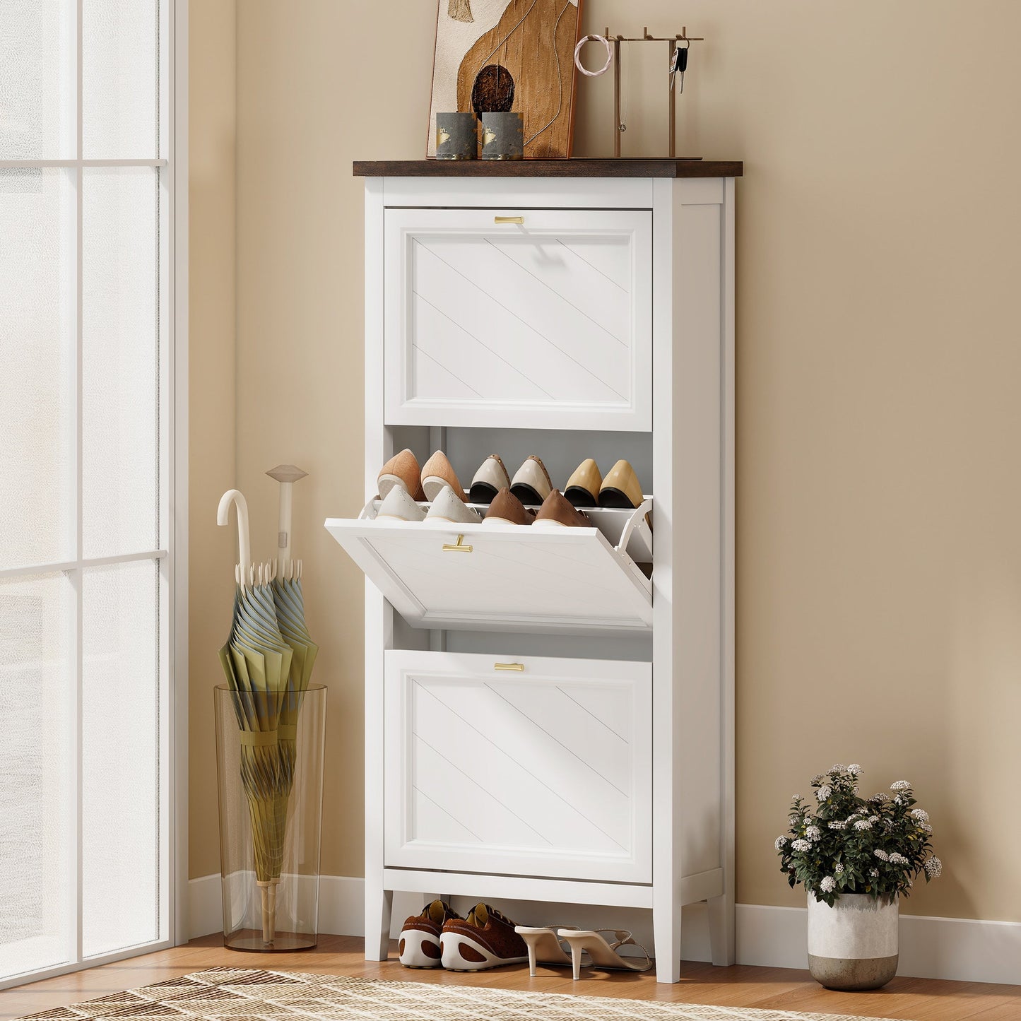 Shoe Cabinet with 3 Flip Drawers, Farmhouse Narrow Shoe Storage Cabinet with Adjustable Shelves, Freestanding for Entryway, Hallway, Living Room, Holds 12-18 Pairs, White