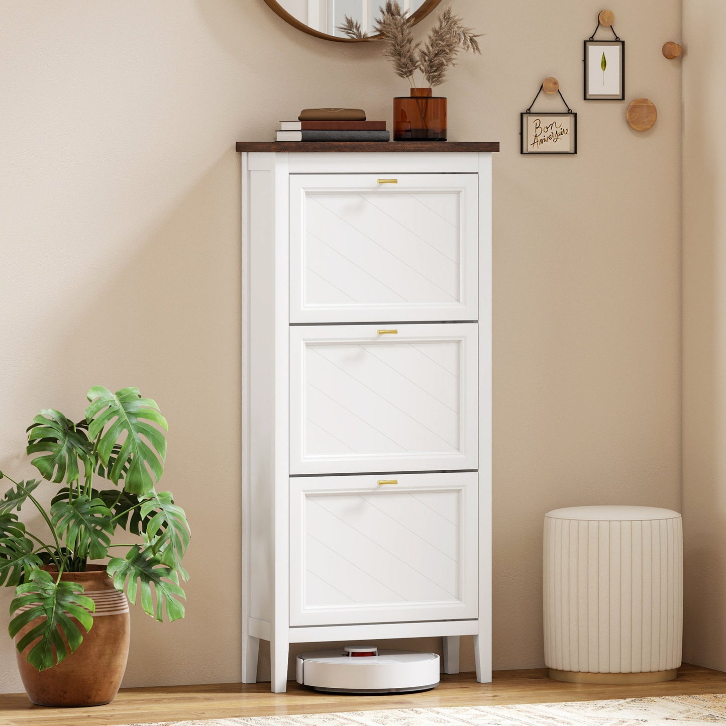 Shoe Cabinet with 3 Flip Drawers, Farmhouse Narrow Shoe Storage Cabinet with Adjustable Shelves, Freestanding for Entryway, Hallway, Living Room, Holds 12-18 Pairs, White