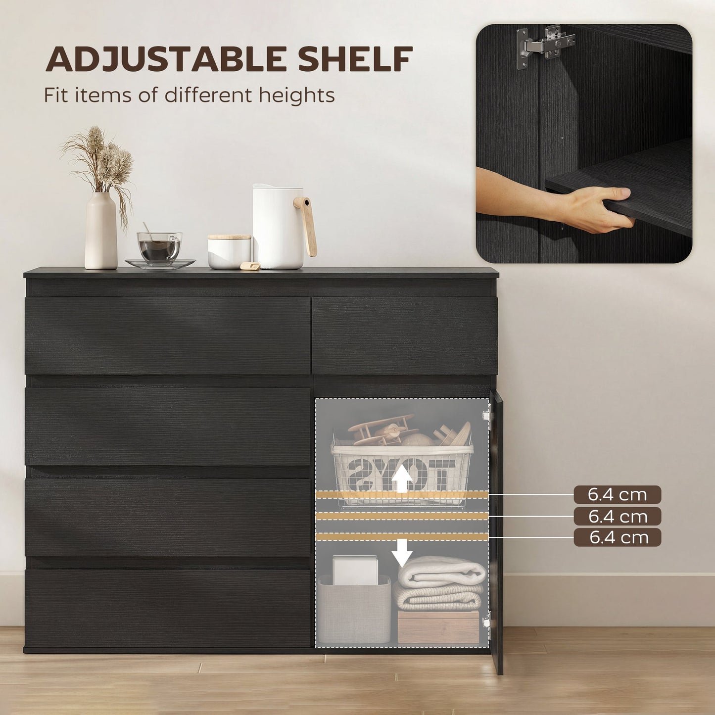 Modern Sideboard, Sideboard Storage Cabinet with 5 Drawers, Adjustable Shelf, Soft-Close Door, Storage Cupboard for Dining Room, Kitchen, Living Room, Black