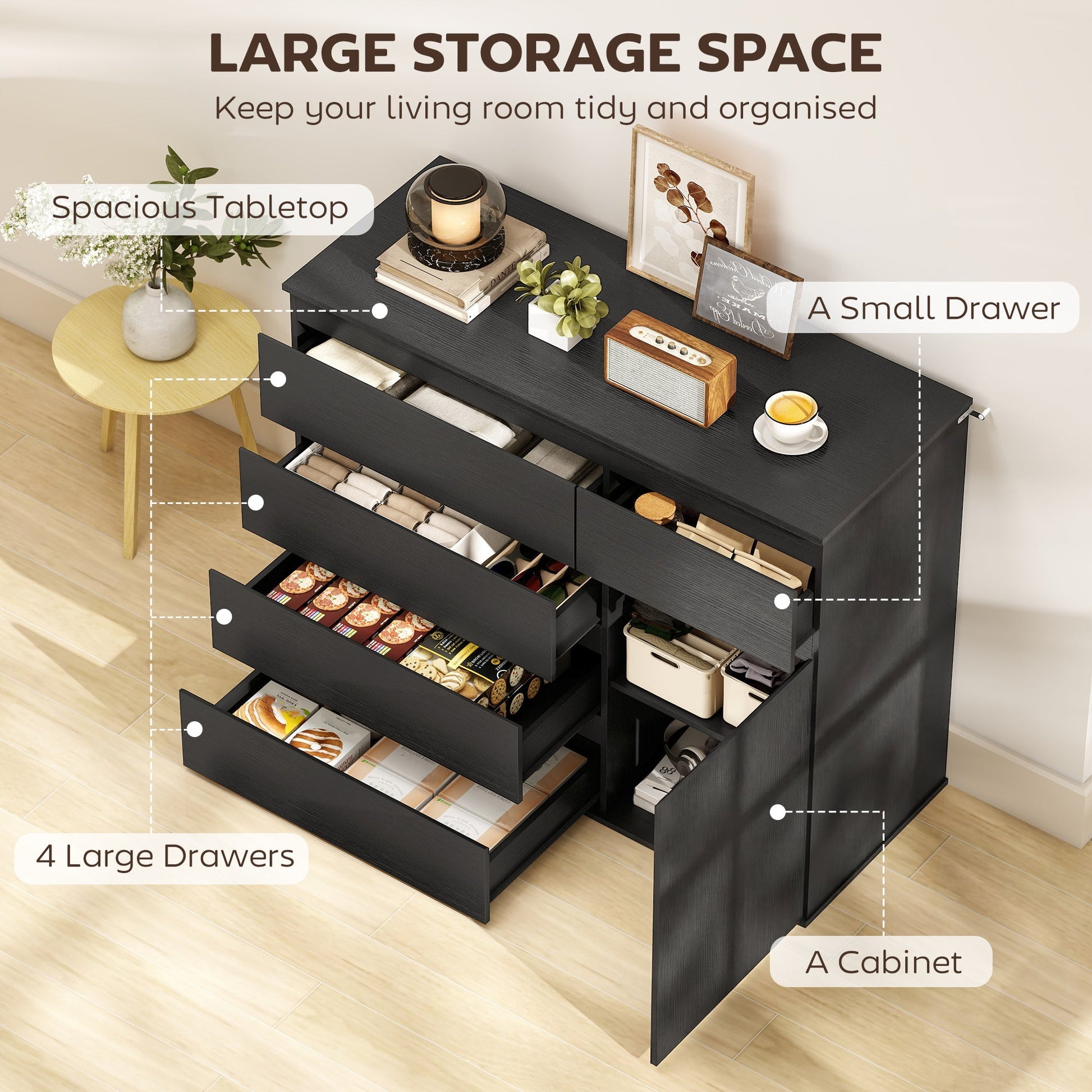 Modern Sideboard, Sideboard Storage Cabinet with 5 Drawers, Adjustable Shelf, Soft-Close Door, Storage Cupboard for Dining Room, Kitchen, Living Room, Black