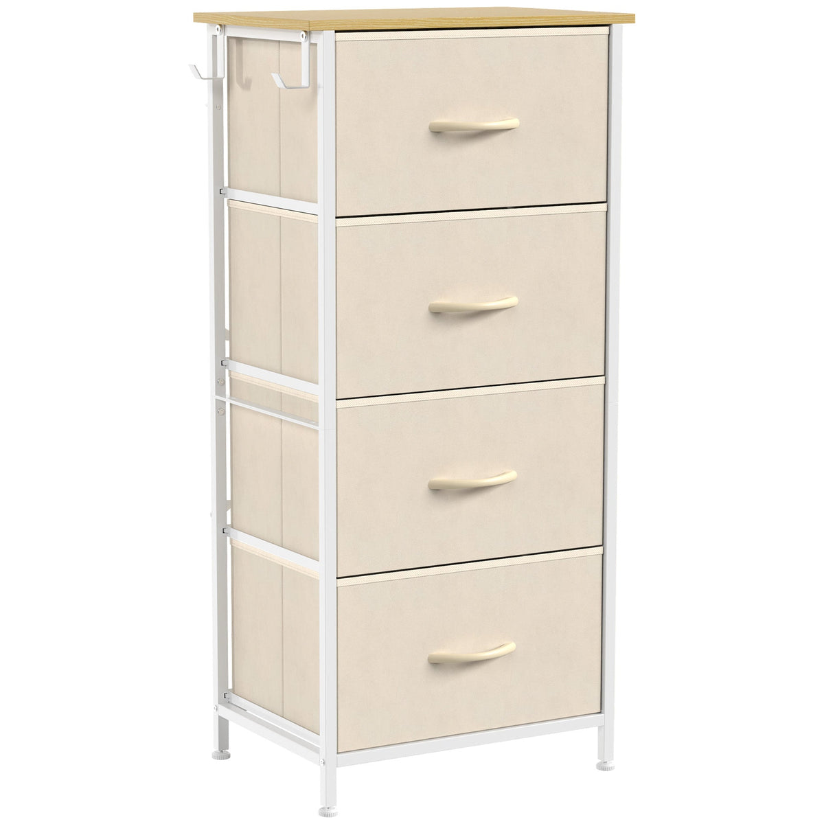 Chest of Drawers, Dresser for Bedroom with 4 Fabric Drawers, Tall Storage Unit with 4 Pockets, 2 Hooks and Steel Frame for Living Room, Hallway, Beige