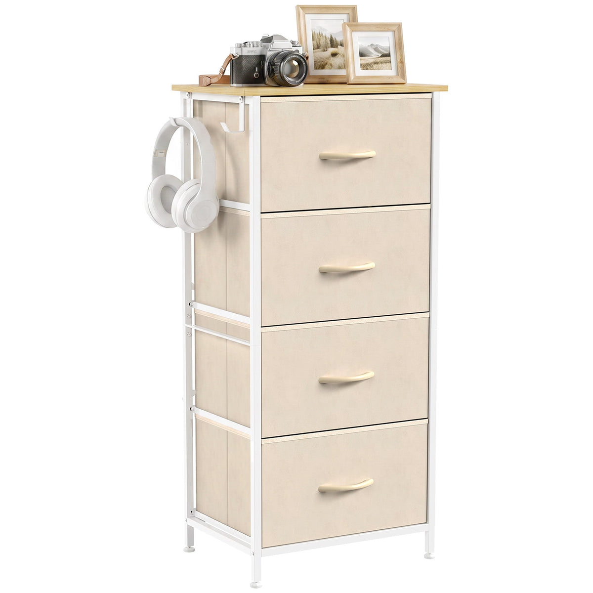 Chest of Drawers, Dresser for Bedroom with 4 Fabric Drawers, Tall Storage Unit with 4 Pockets, 2 Hooks and Steel Frame for Living Room, Hallway, Beige