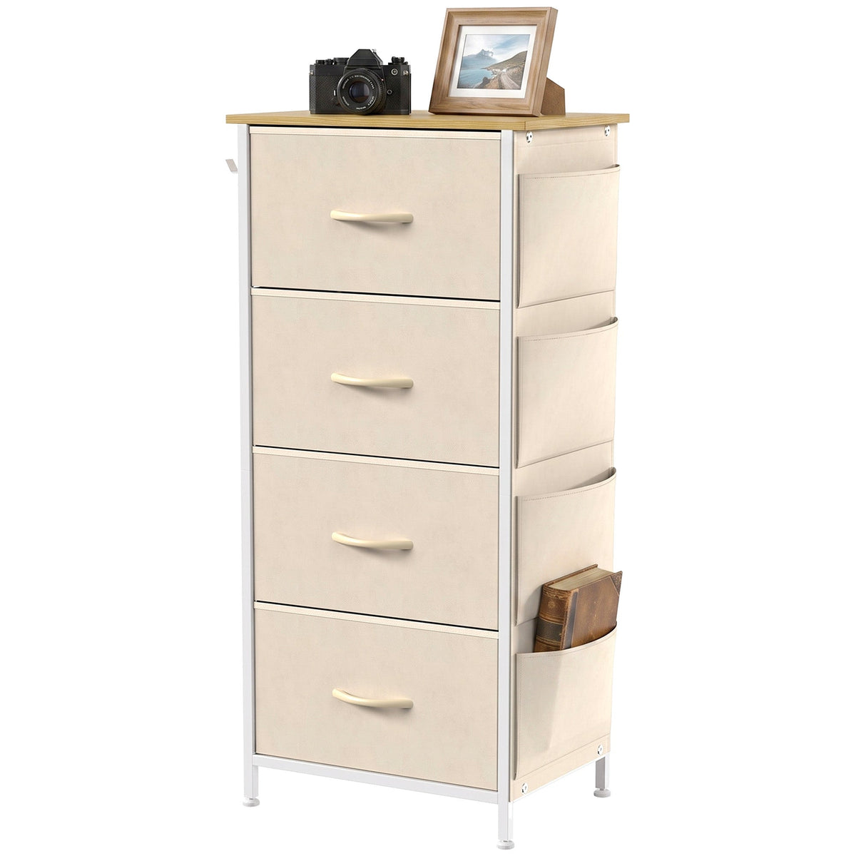 Chest of Drawers, Dresser for Bedroom with 4 Fabric Drawers, Tall Storage Unit with 4 Pockets, 2 Hooks and Steel Frame for Living Room, Hallway, Beige