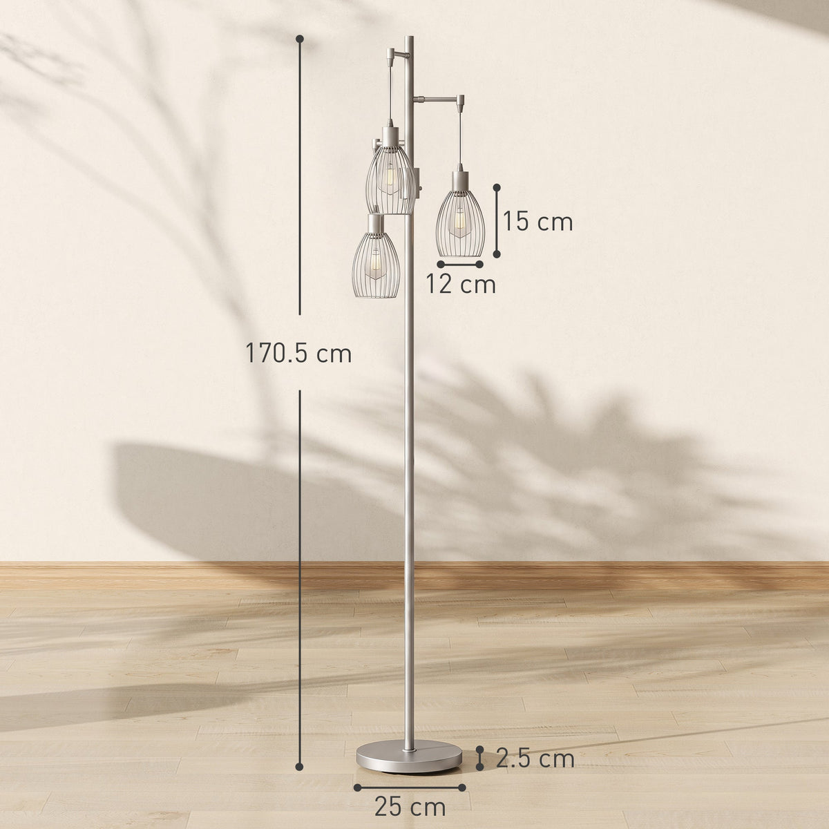 3-Light LED Floor Lamp, 170cm Industrial Dimmable Standing Lamp with Steel Wire Cage Lampshades, 2700K for Living Room, Bedroom, Dining Room, Study, Silver Tone