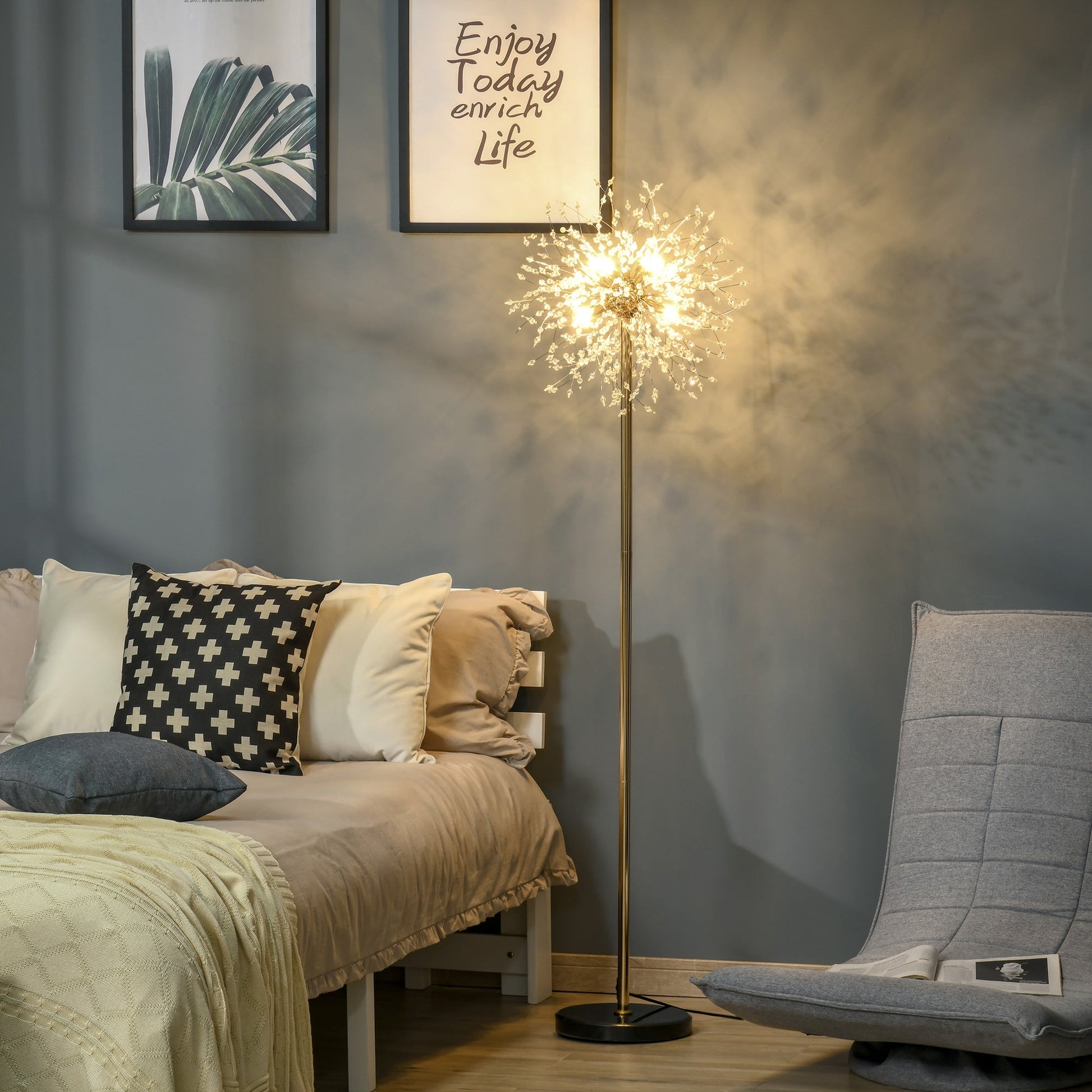 HOMCOM Floor Lamp, Crystal Fireworks Standing Lamp, Metal Golden Pole Tree Lighting with Foot Switch, 8 Lights, G9 Bulb Base, for Living Room, Bedroom