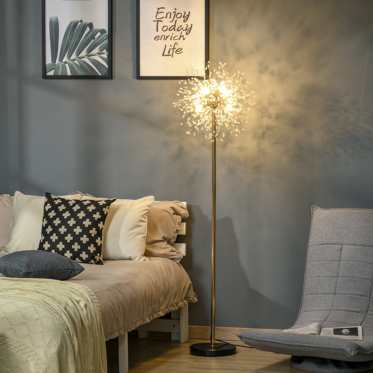 HOMCOM Floor Lamp, Crystal Fireworks Standing Lamp, Metal Golden Pole Tree Lighting with Foot Switch, 8 Lights, G9 Bulb Base, for Living Room, Bedroom