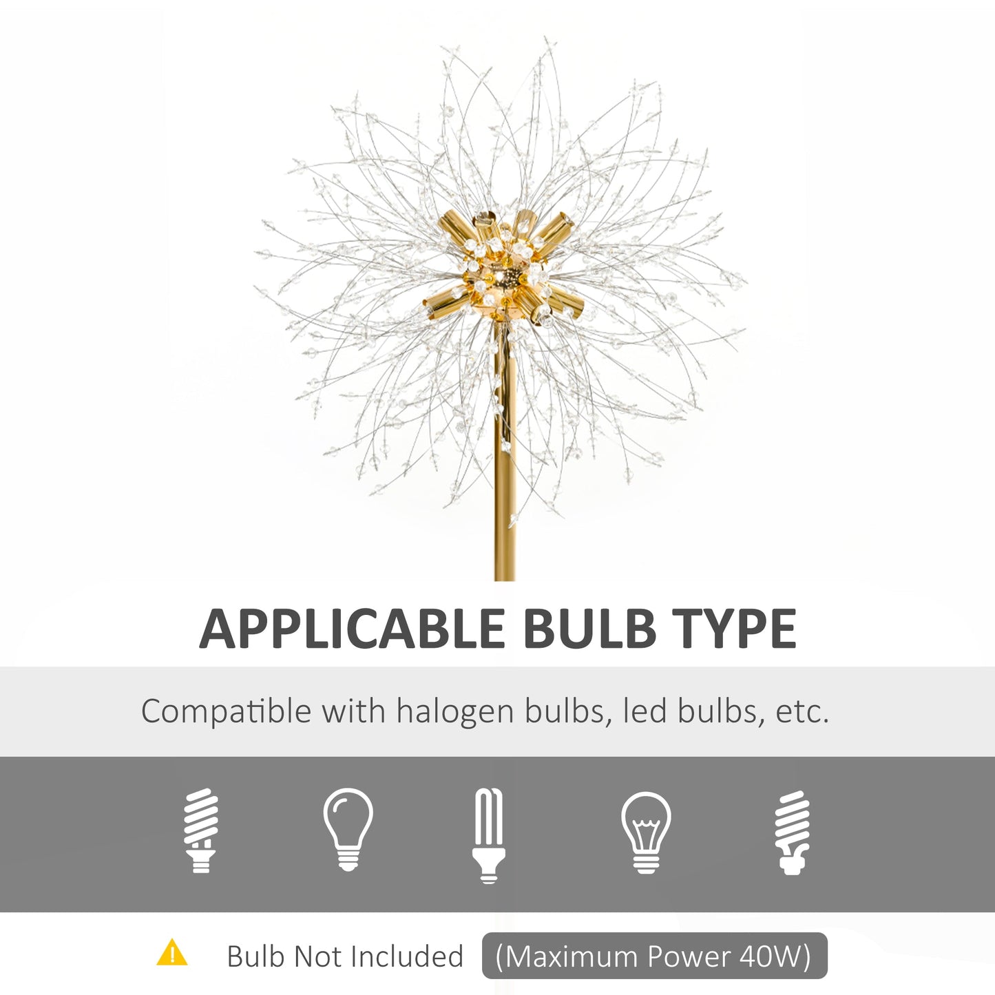 HOMCOM Floor Lamp, Crystal Fireworks Standing Lamp, Metal Golden Pole Tree Lighting with Foot Switch, 8 Lights, G9 Bulb Base, for Living Room, Bedroom