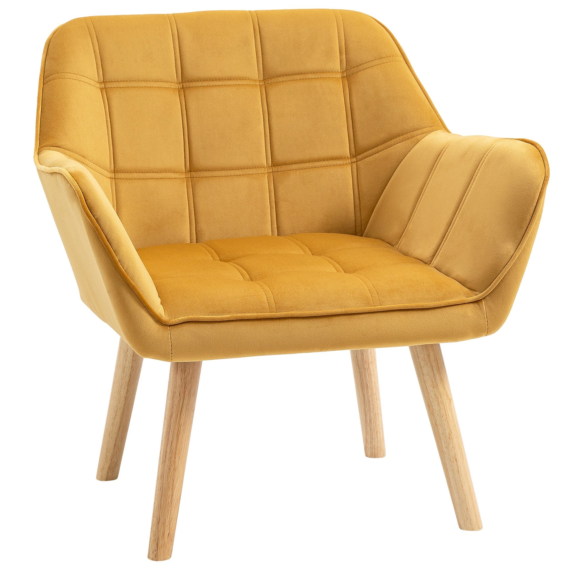 HOMCOM Modern Armchair, Accent Chair with Wide Arms, Slanted Back and Rubber Wood Legs for Living Room, Bedroom, Home Office Yellow