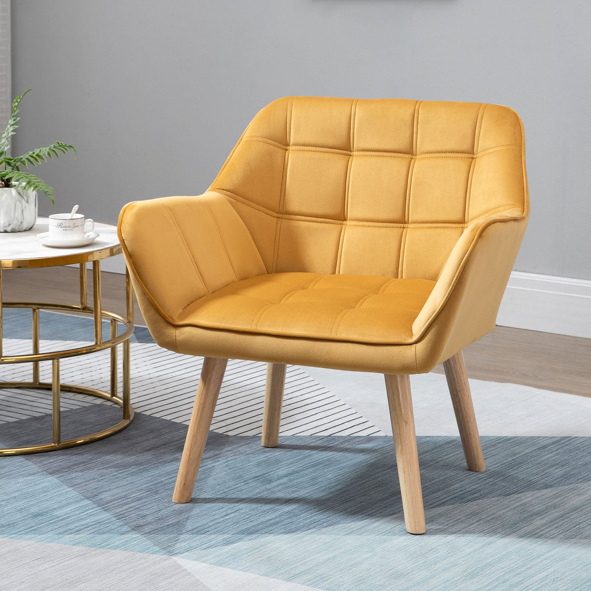 HOMCOM Modern Armchair, Accent Chair with Wide Arms, Slanted Back and Rubber Wood Legs for Living Room, Bedroom, Home Office Yellow