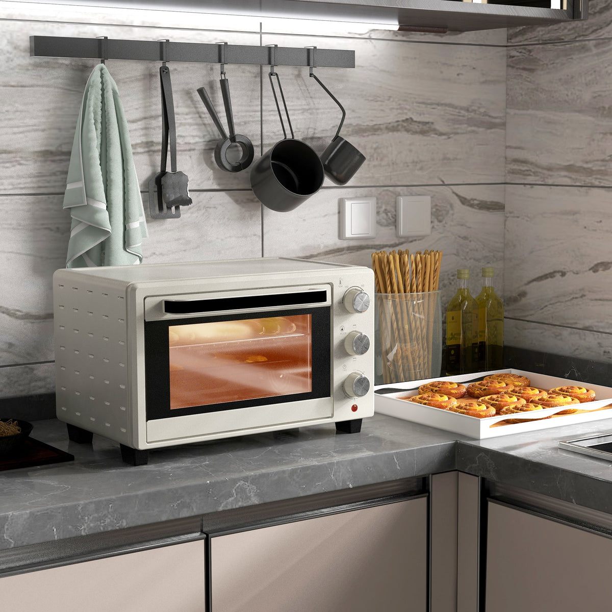 HOMCOM Mini Oven, 21L Countertop Electric Grill, Toaster Oven with Adjustable Temperature, Timer, Baking Tray and Wire Rack, 1400W, Cream