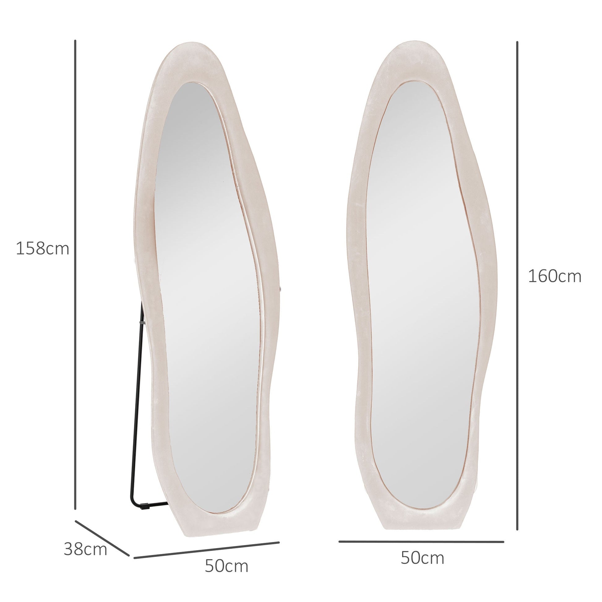 HOMCOM Irregular Wavy Mirror Full Length 160x50cm, Arched Floor Standing Mirror, Leaning or Wall Mounted, Velvet Wrapped Floor Mirror for Bedroom, Living Room, Light Pink