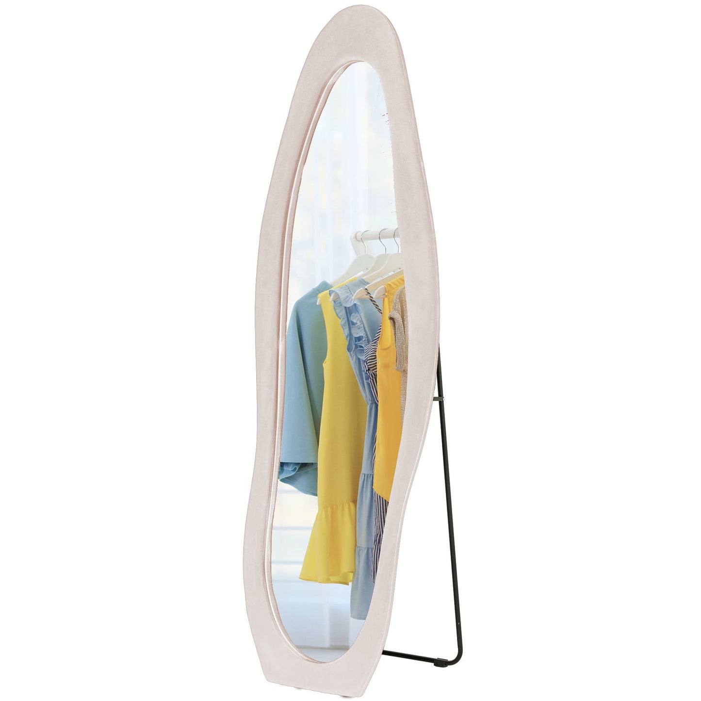 HOMCOM Irregular Wavy Mirror Full Length 160x50cm, Arched Floor Standing Mirror, Leaning or Wall Mounted, Velvet Wrapped Floor Mirror for Bedroom, Living Room, Light Pink