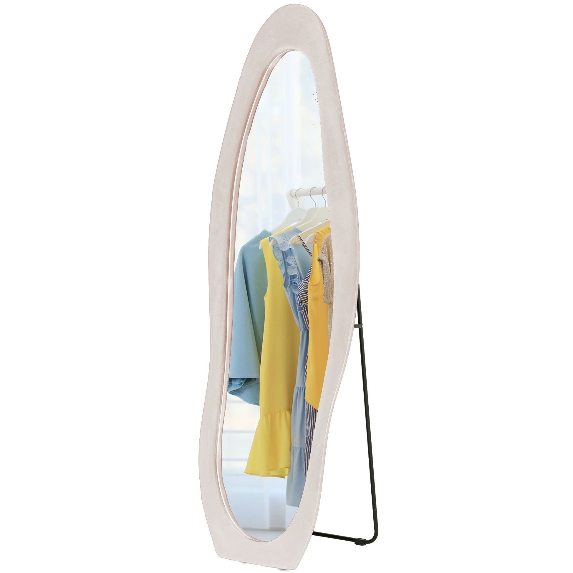 HOMCOM Irregular Wavy Mirror Full Length 160x50cm, Arched Floor Standing Mirror, Leaning or Wall Mounted, Velvet Wrapped Floor Mirror for Bedroom, Living Room, Light Pink