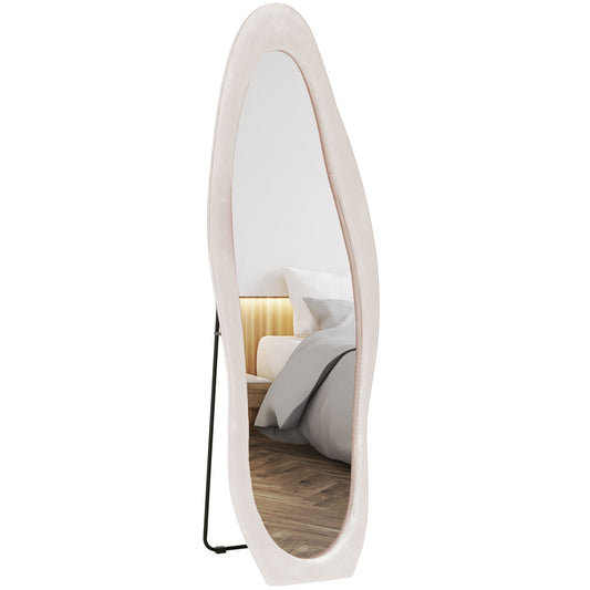 HOMCOM Irregular Wavy Mirror Full Length 160x50cm, Arched Floor Standing Mirror, Leaning or Wall Mounted, Velvet Wrapped Floor Mirror for Bedroom, Living Room, Light Pink