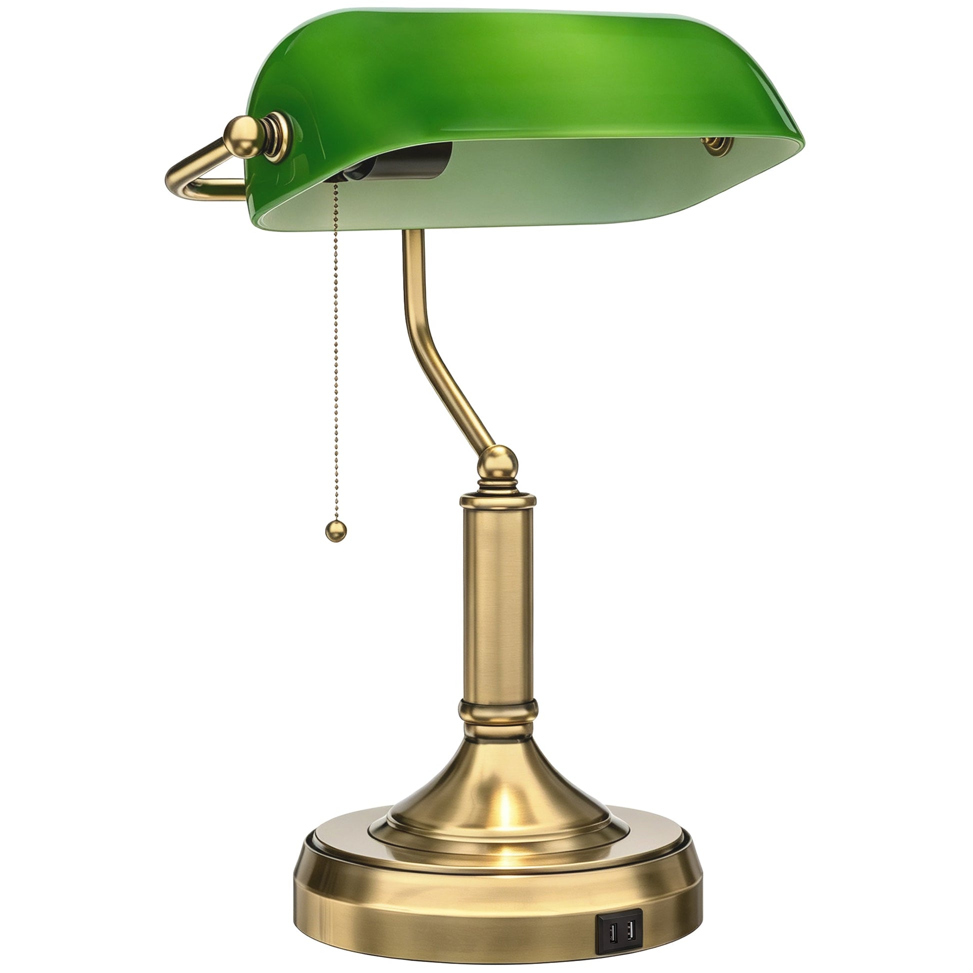 Banker's Table Lamp with Vintage Bronze Tone Base, Green Glass Shade, Pull Rope Switch, USB-A and USB-C Charging Ports for Home Office, Living Room, Bedroom, Dining Room