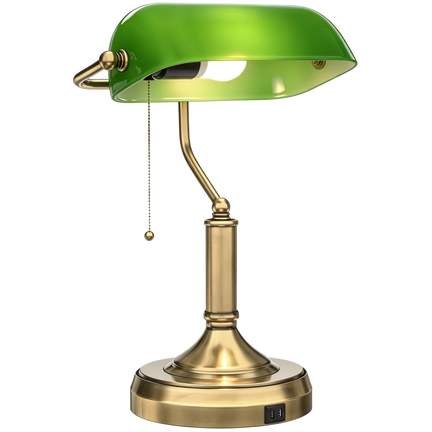 Banker's Table Lamp with Vintage Bronze Tone Base, Green Glass Shade, Pull Rope Switch, USB-A and USB-C Charging Ports for Home Office, Living Room, Bedroom, Dining Room