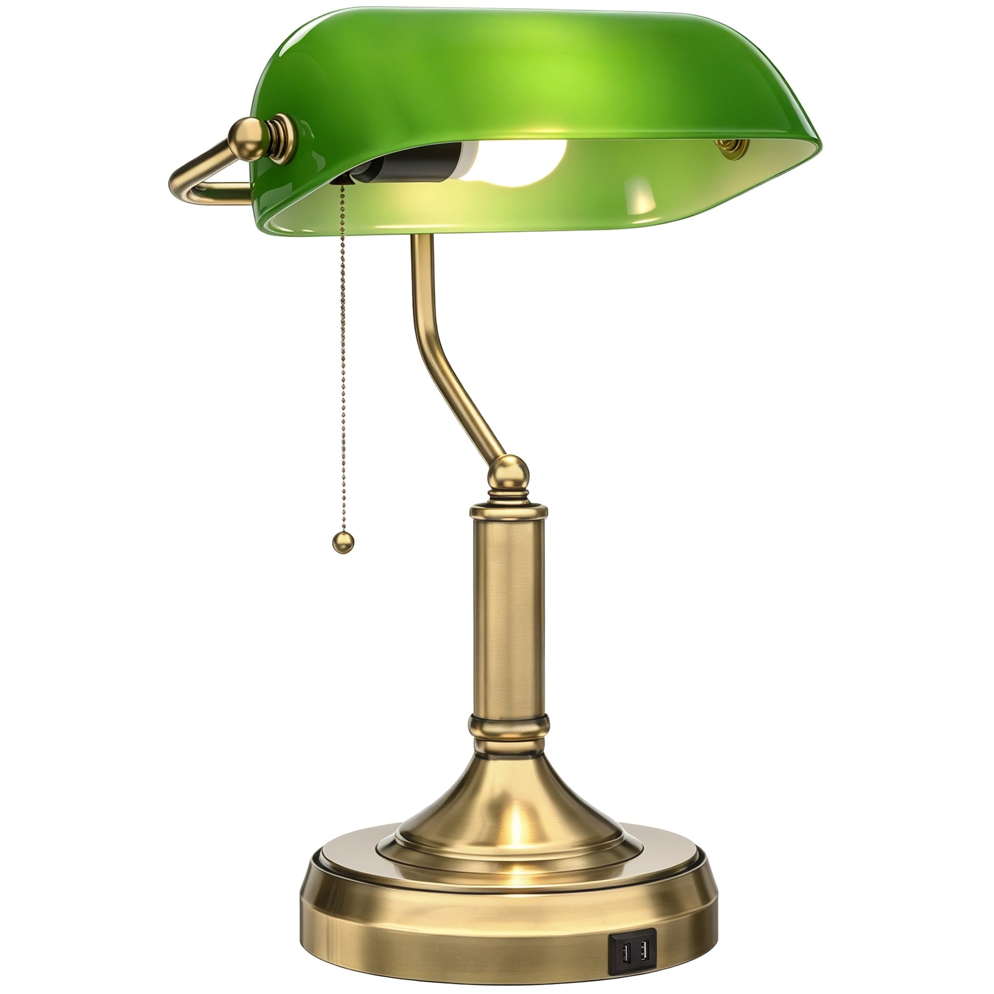 Banker's Table Lamp with Vintage Bronze Tone Base, Green Glass Shade, Pull Rope Switch, USB-A and USB-C Charging Ports for Home Office, Living Room, Bedroom, Dining Room