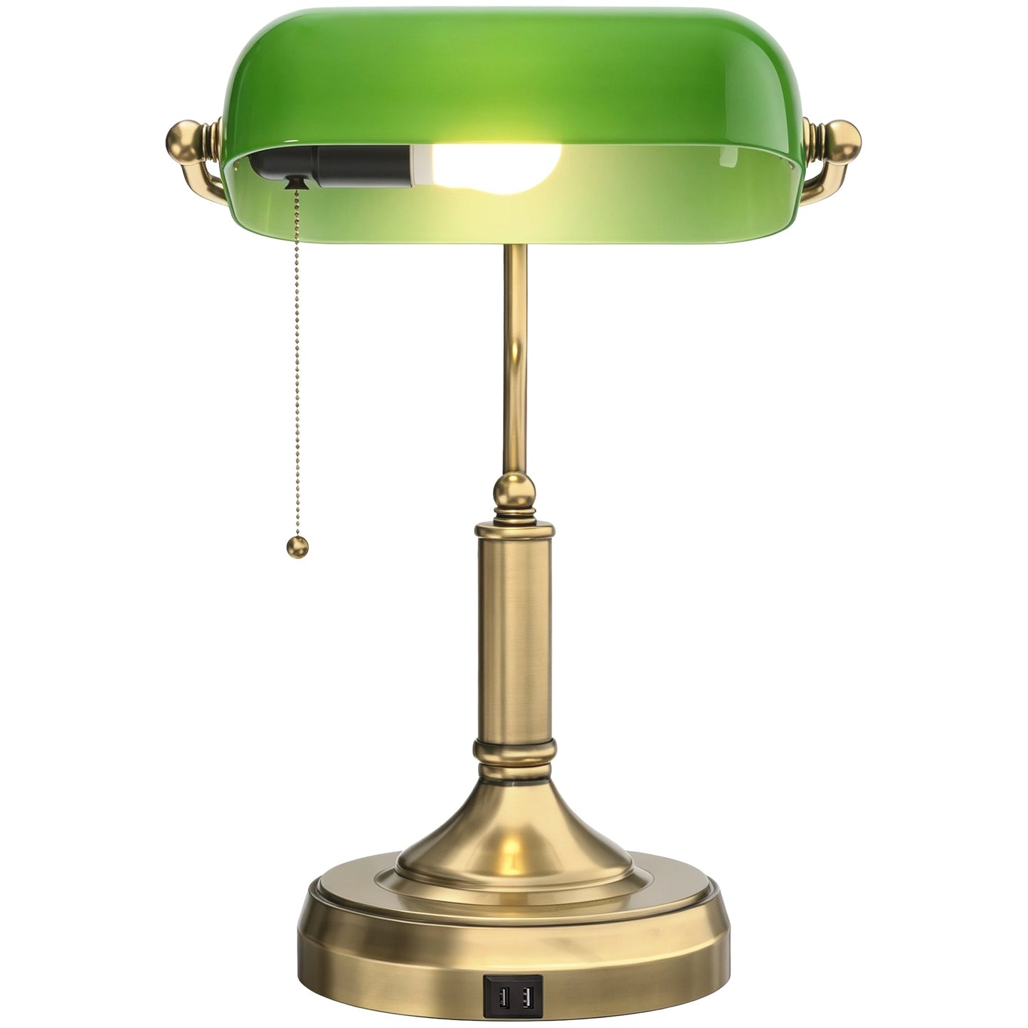 Banker's Table Lamp with Vintage Bronze Tone Base, Green Glass Shade, Pull Rope Switch, USB-A and USB-C Charging Ports for Home Office, Living Room, Bedroom, Dining Room