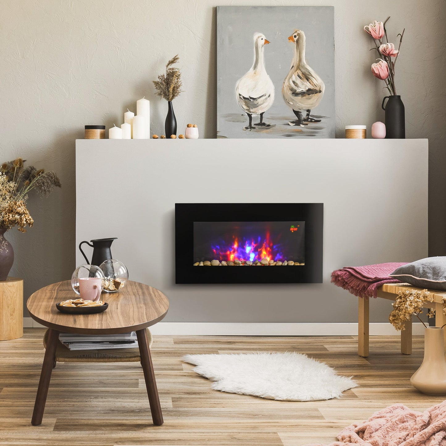 1000W/2000W Electric Wall Fireplace w/ LED Flame Effect Timer Remote Sleek Stylish Safe Home Heating 20-25㎡