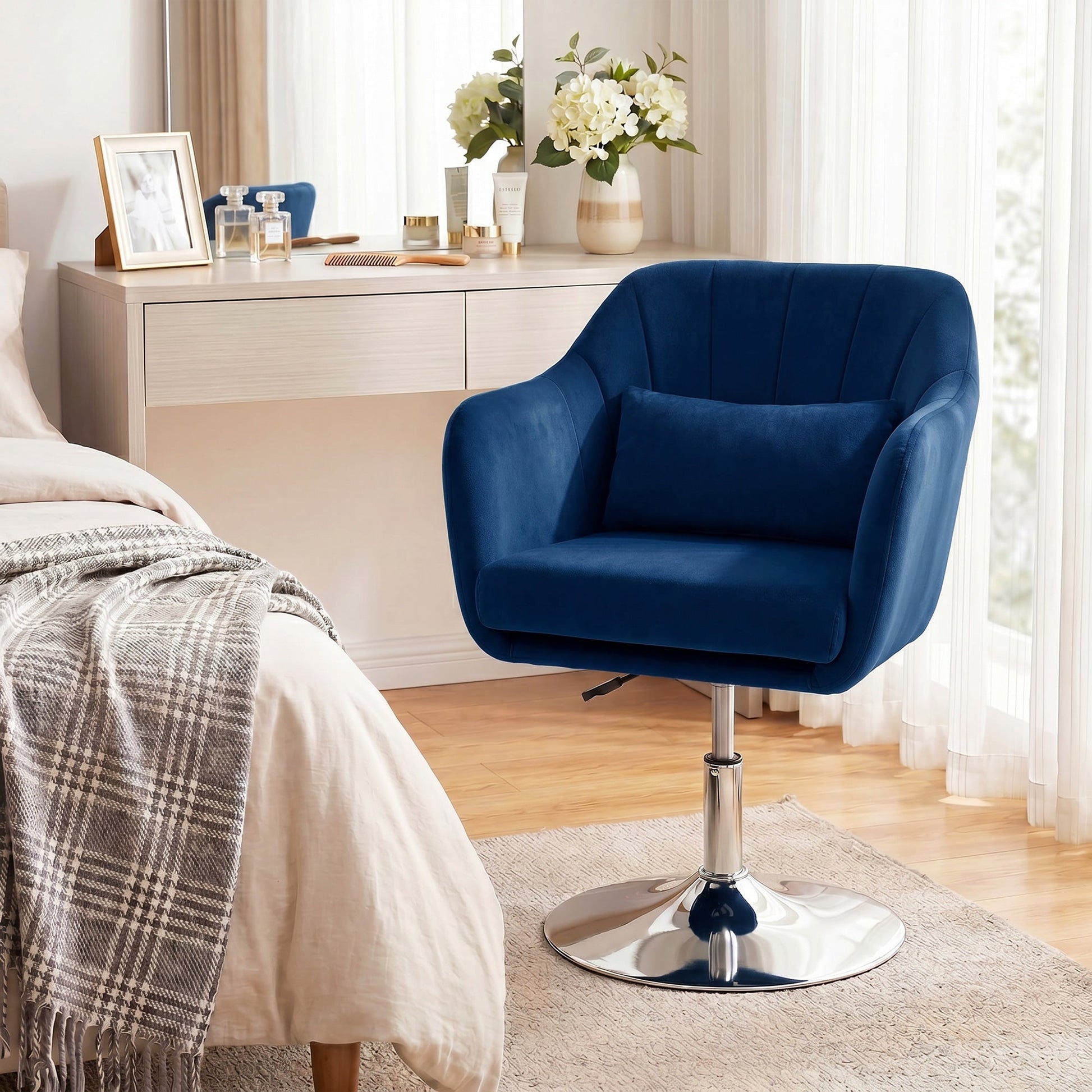 Swivel Accent Chair, Velvet Fabric Tub Vanity Chair, Modern Armchair with Adjustable Height and Lumbar Support for Living Room Bedroom Salon Make up Room Dressing Table, Dark Blue