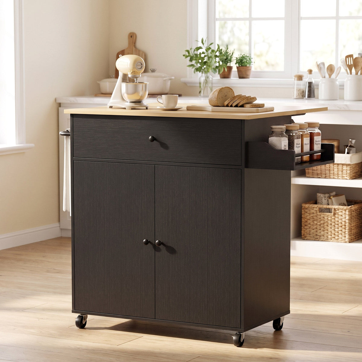 Kitchen Island with Drop Leaf, Rolling Kitchen Storage Trolley on Wheels with Drawer, Spice Rack and Towel Rack, Storage Cart with Adjustable Shelf, Black