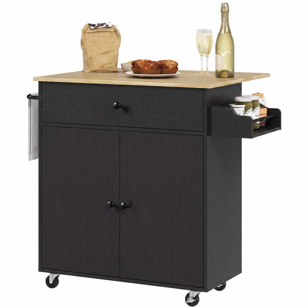 Kitchen Island with Drop Leaf, Rolling Kitchen Storage Trolley on Wheels with Drawer, Spice Rack and Towel Rack, Storage Cart with Adjustable Shelf, Black