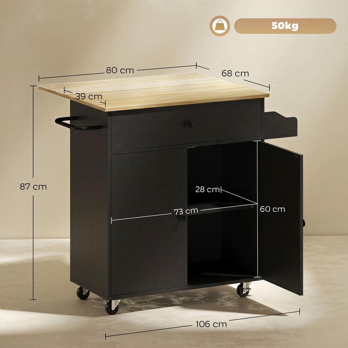 Kitchen Island with Drop Leaf, Rolling Kitchen Storage Trolley on Wheels with Drawer, Spice Rack and Towel Rack, Storage Cart with Adjustable Shelf, Black
