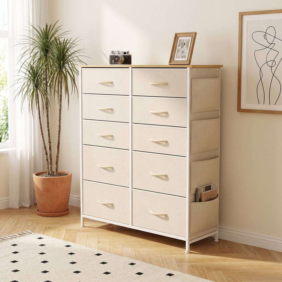 Chest of Drawers, Dresser for Bedroom with 10 Fabric Drawers, Tall Storage Unit with 4 Pockets, 2 Hooks and Steel Frame for Living Room, Hallway, Beige