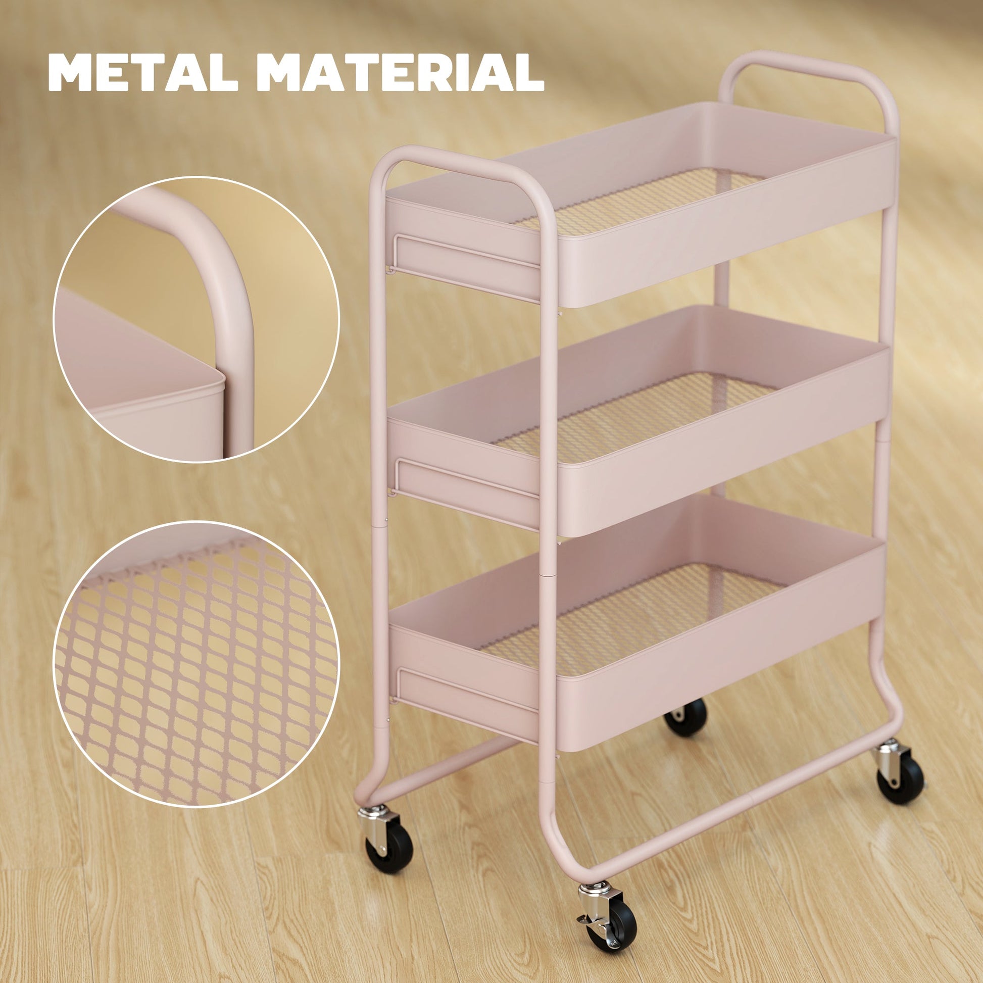 3-Tier Storage Trolley on Wheels, Rolling Utility Cart with Mesh Backets, Mobile Storage Cart for Kitchen, Bathroom, Bedroom, Light Pink