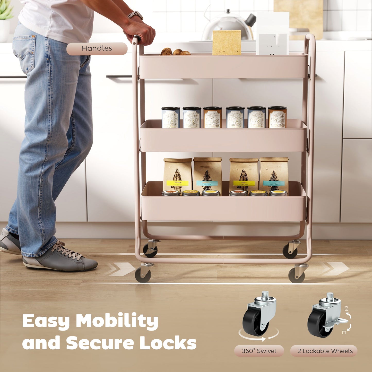 3-Tier Storage Trolley on Wheels, Rolling Utility Cart with Mesh Backets, Mobile Storage Cart for Kitchen, Bathroom, Bedroom, Light Pink