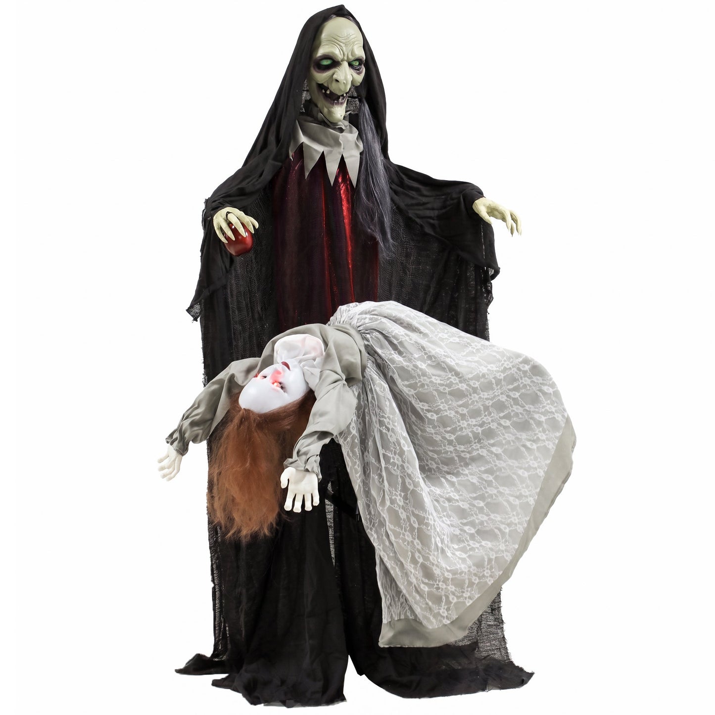 71" Halloween Animated Standing Witch with Floating Ghost Decoration, Halloween Animated Prop with Light-Up Eyes, Sound and Touch Activated, Rising and Falling Motion for Haunted House Party