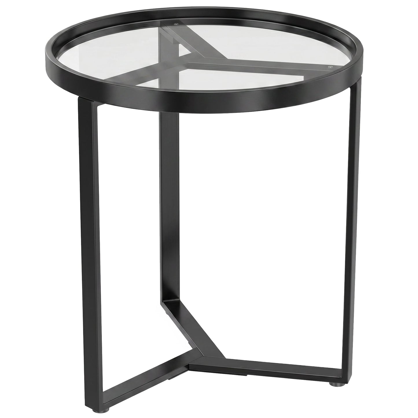 Round Side Table with Tempered Glass Top, Modern End Table with Geometric Metal Frame for Small Space, Living Room and Bedroom, Black