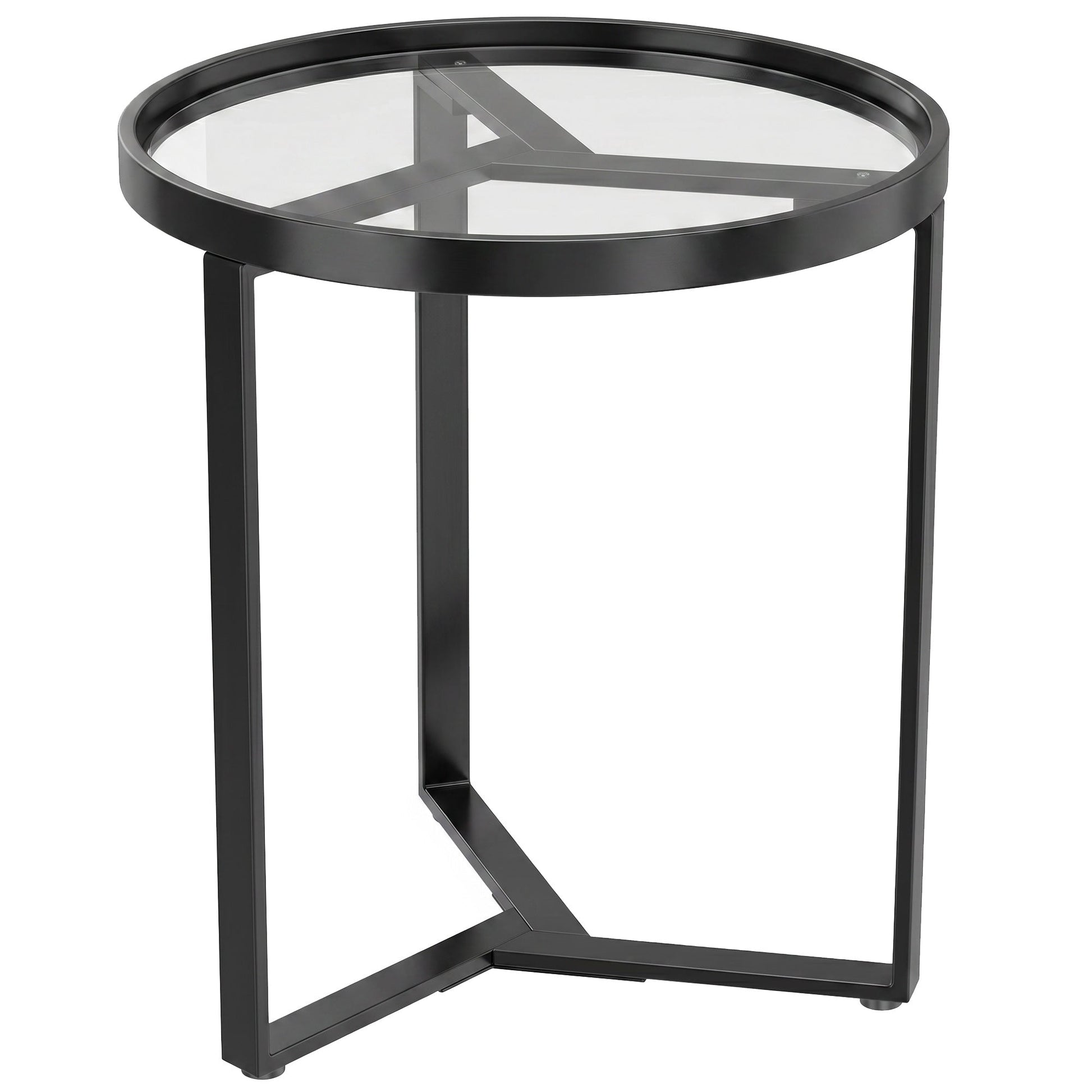 Round Side Table with Tempered Glass Top, Modern End Table with Geometric Metal Frame for Small Space, Living Room and Bedroom, Black