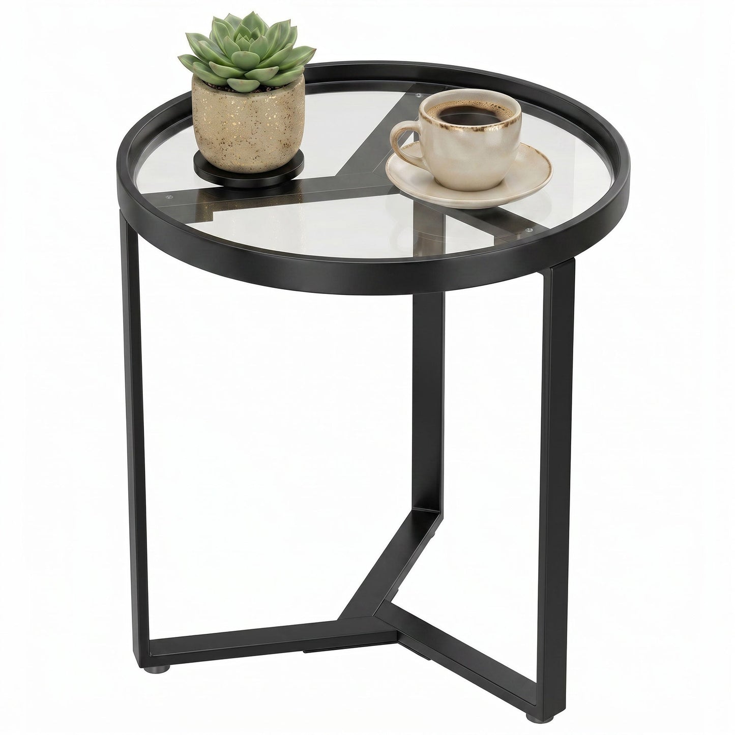 Round Side Table with Tempered Glass Top, Modern End Table with Geometric Metal Frame for Small Space, Living Room and Bedroom, Black