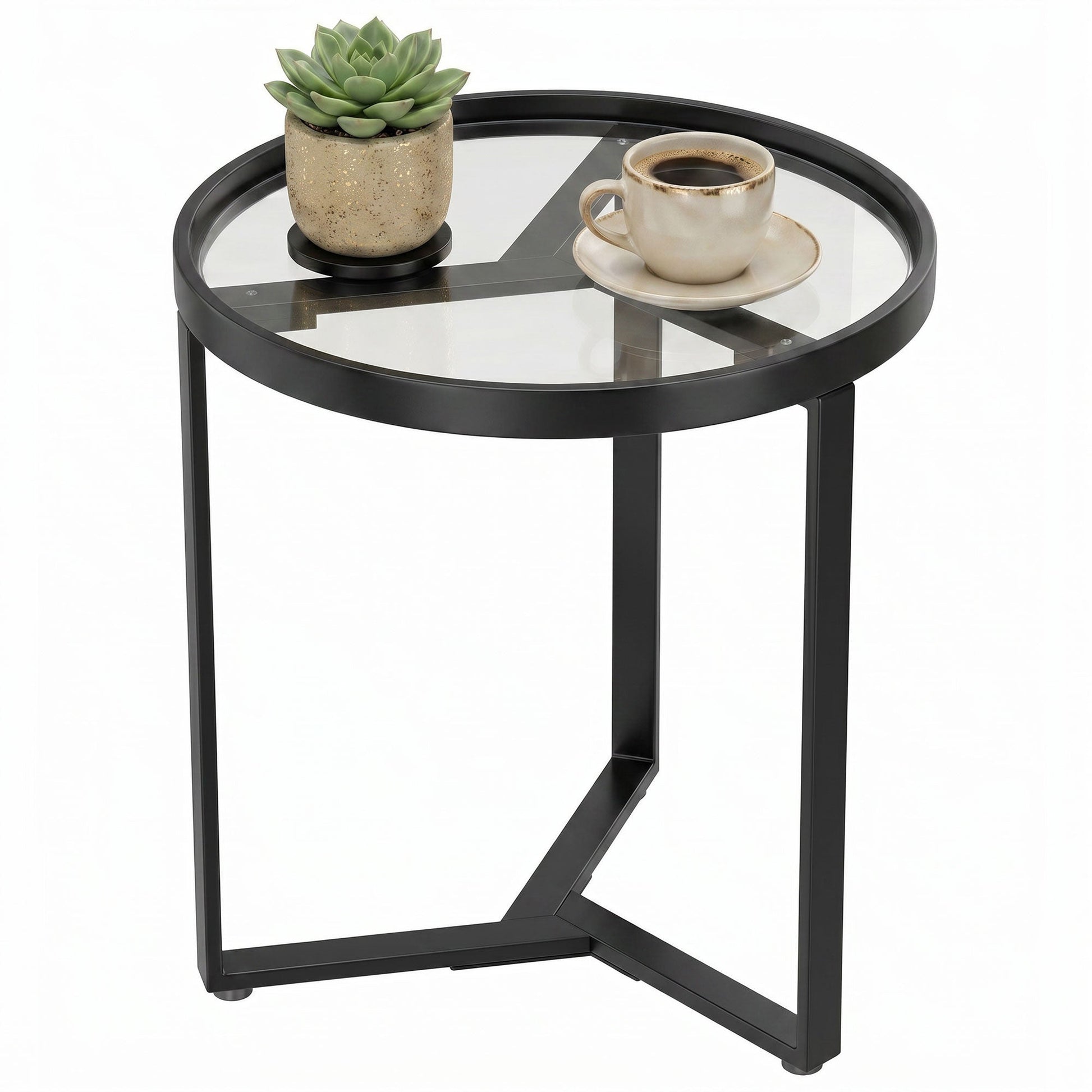 Round Side Table with Tempered Glass Top, Modern End Table with Geometric Metal Frame for Small Space, Living Room and Bedroom, Black