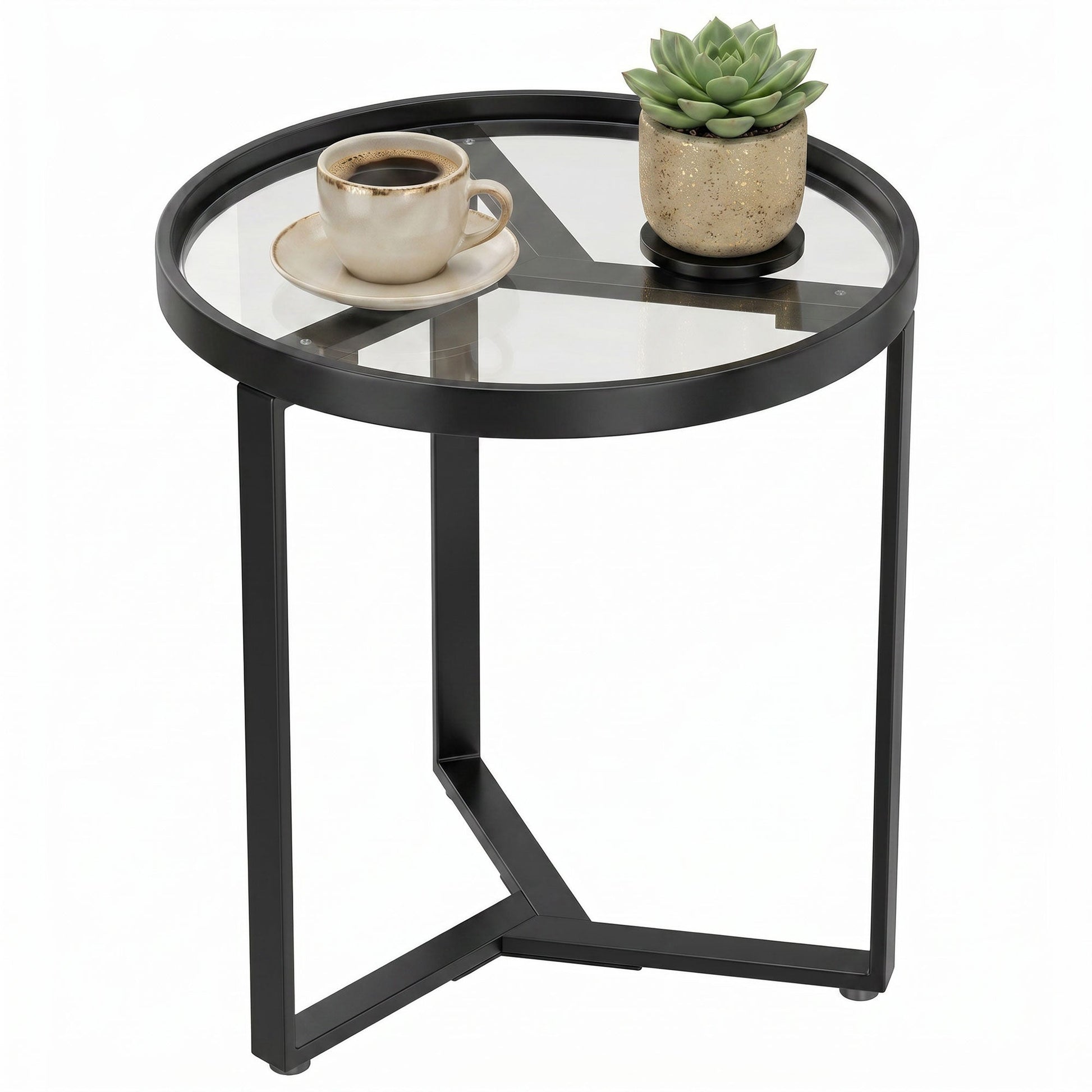 Round Side Table with Tempered Glass Top, Modern End Table with Geometric Metal Frame for Small Space, Living Room and Bedroom, Black