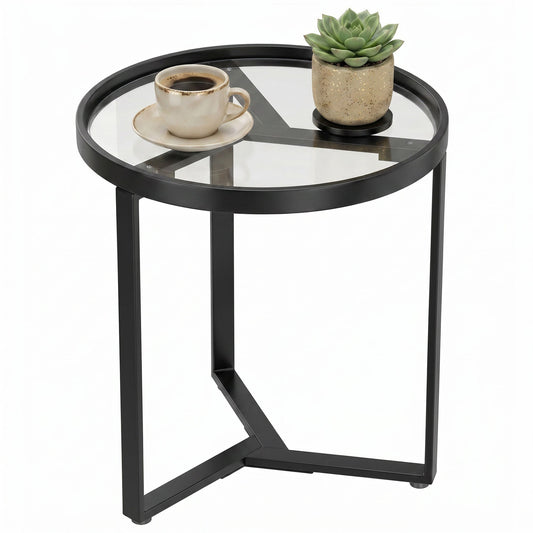 Round Side Table with Tempered Glass Top, Modern End Table with Geometric Metal Frame for Small Space, Living Room and Bedroom, Black