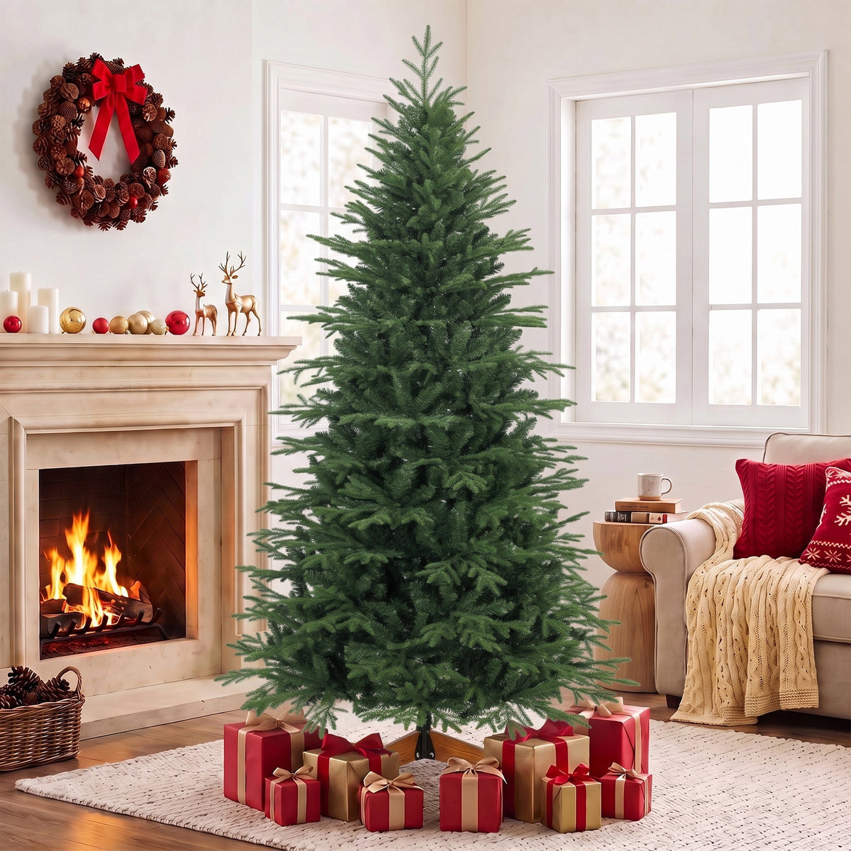 7ft Artificial Christmas Tree, Full Hinged Xmas Tree with 2719 PE & PVC Tips, Solid Pine Wood Stand for Home Office Holiday Decoration, Green