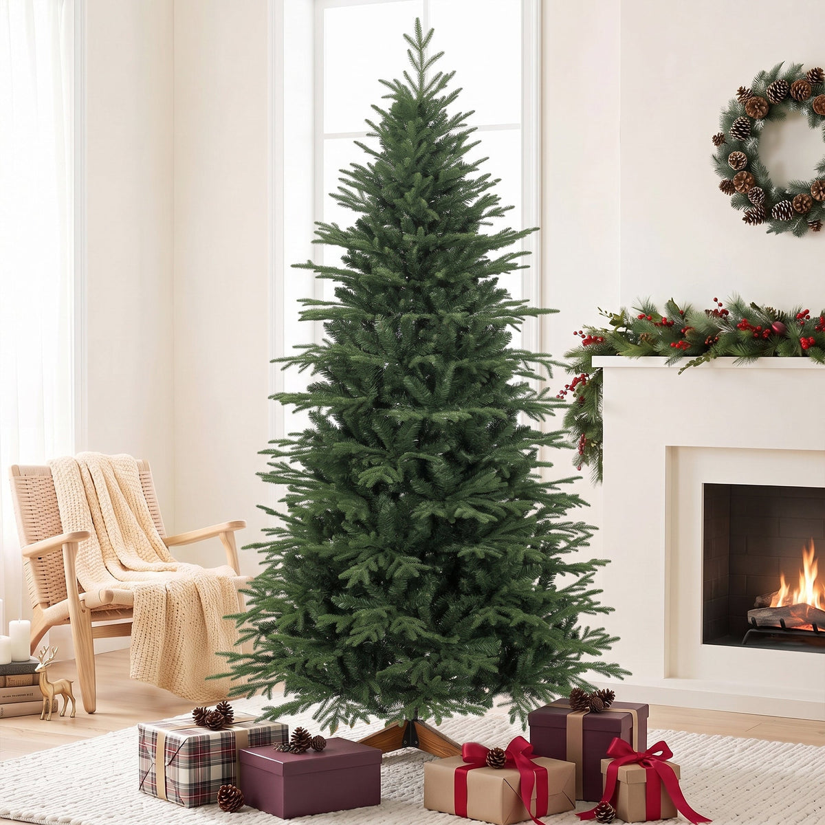 7ft Artificial Christmas Tree, Full Hinged Xmas Tree with 2719 PE & PVC Tips, Solid Pine Wood Stand for Home Office Holiday Decoration, Green