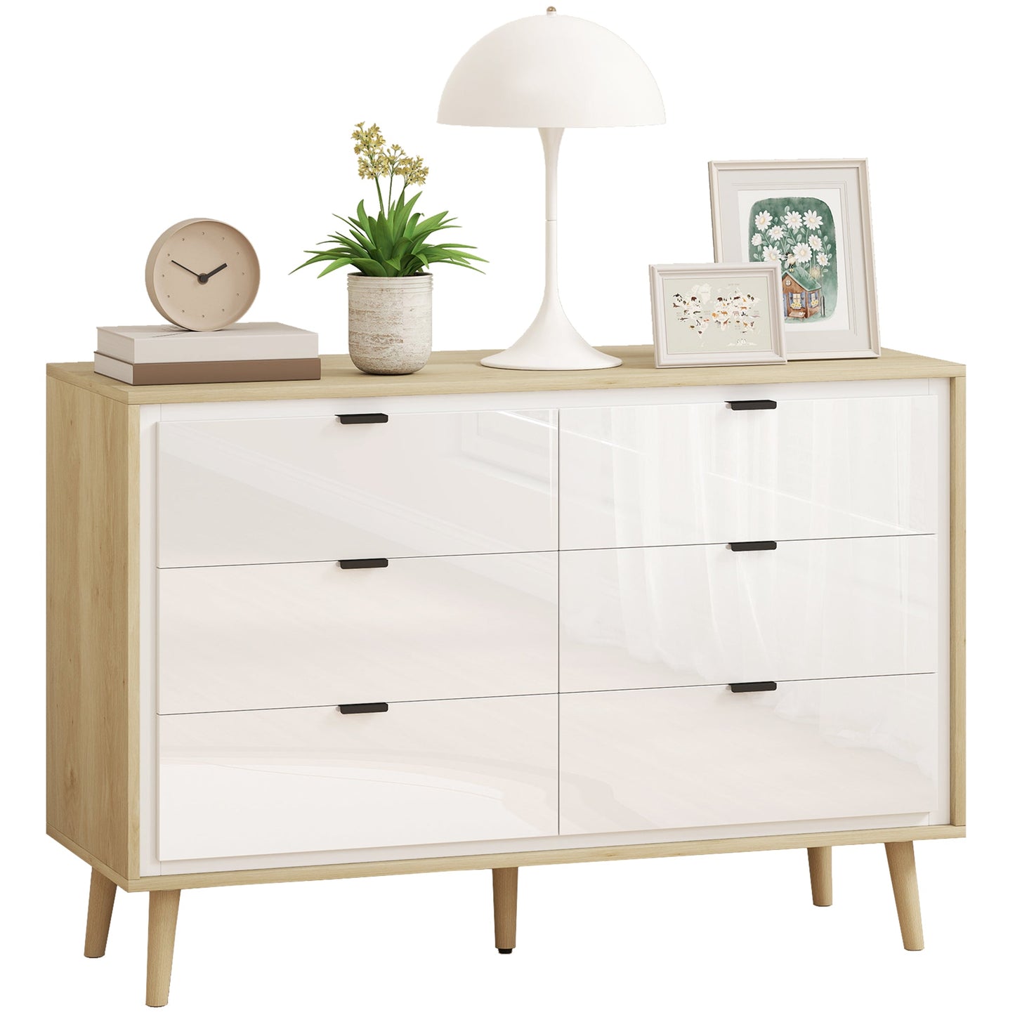 Chest of Drawers, 6 Drawer Dresser, Storage Cabinet with 6  Drawers and 5 Legs for Bedroom, Living Room,  High Gloss White