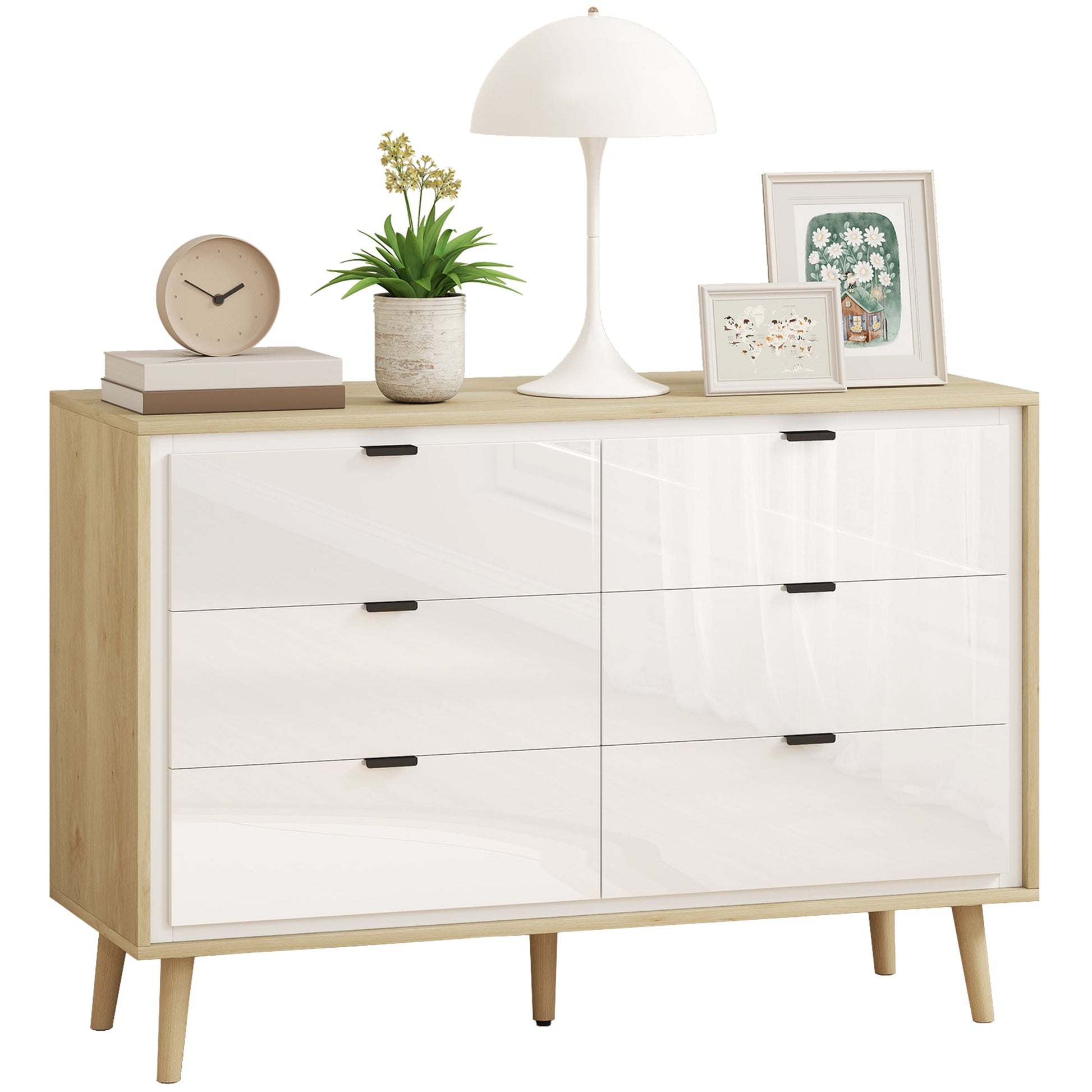 Chest of Drawers, 6 Drawer Dresser, Storage Cabinet with 6  Drawers and 5 Legs for Bedroom, Living Room,  High Gloss White