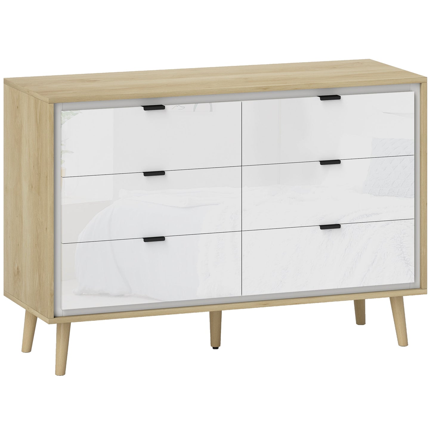 Chest of Drawers, 6 Drawer Dresser, Storage Cabinet with 6  Drawers and 5 Legs for Bedroom, Living Room,  High Gloss White