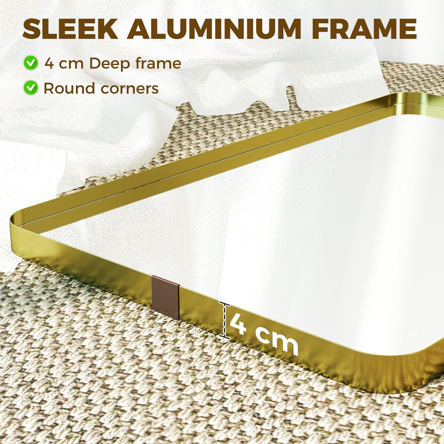 Rectangular Wall Mirror, 90 x 60 cm Wall Mounted Bathroom Mirror with Aluminium Alloy Frame and Tempered Glass for Hallway, Living Room, Bedroom, Gold Tone