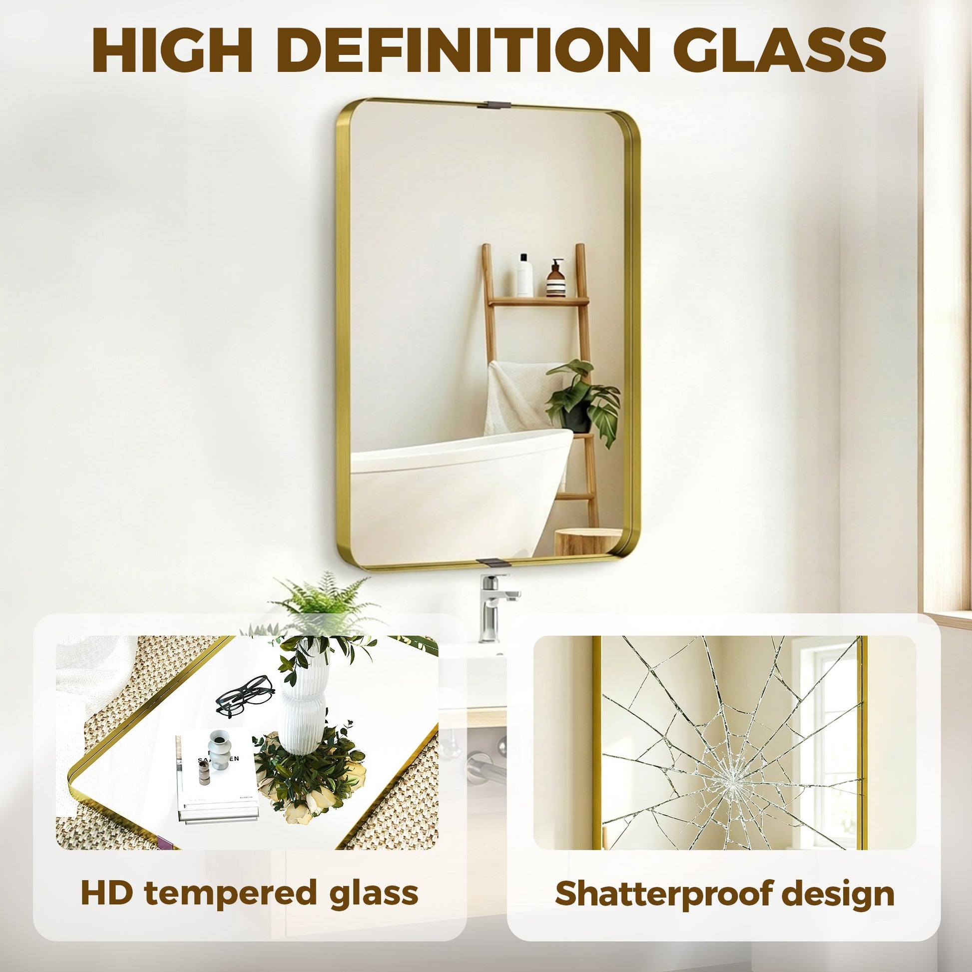 Rectangular Wall Mirror, 90 x 60 cm Wall Mounted Bathroom Mirror with Aluminium Alloy Frame and Tempered Glass for Hallway, Living Room, Bedroom, Gold Tone