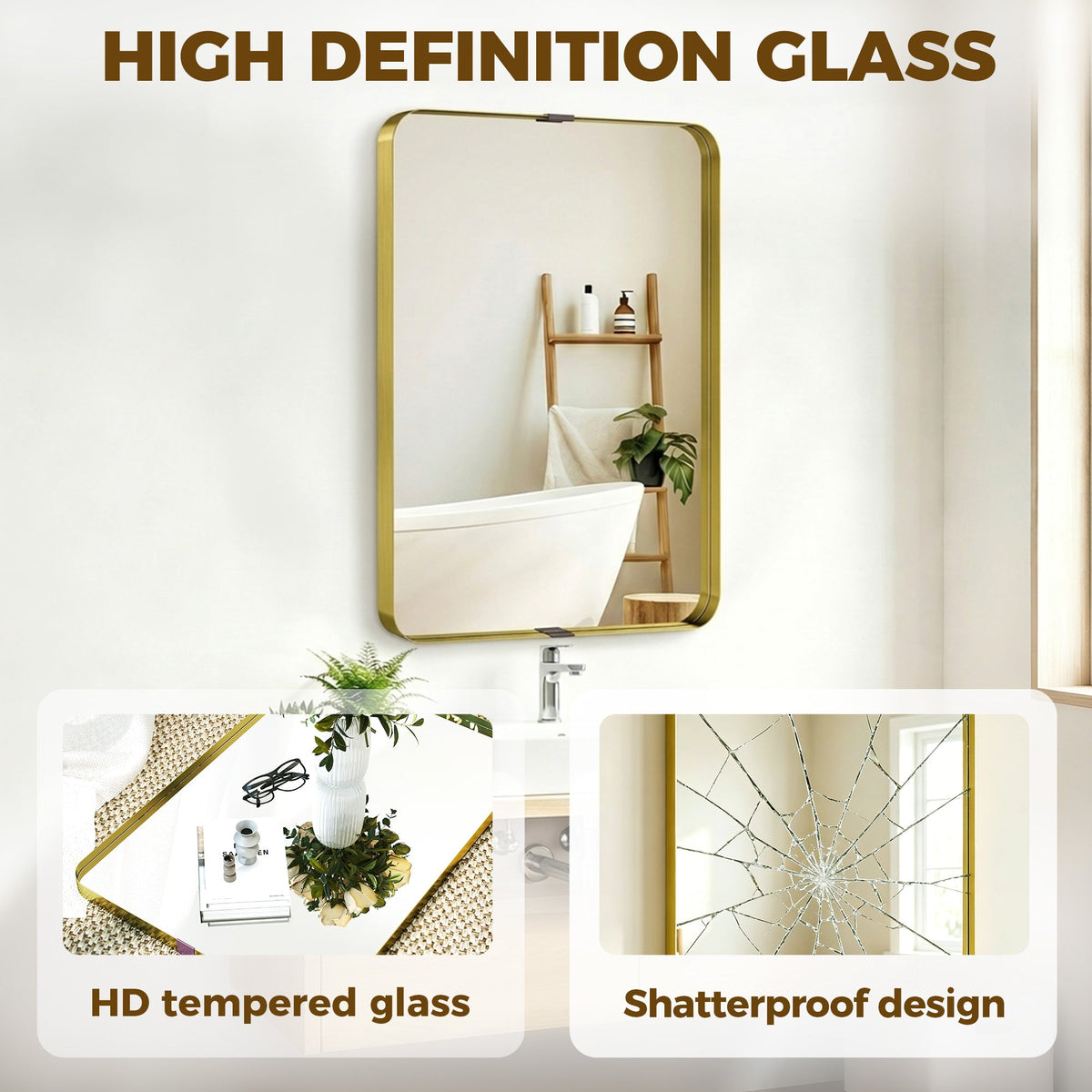 Rectangular Wall Mirror, 90 x 60 cm Wall Mounted Bathroom Mirror with Aluminium Alloy Frame and Tempered Glass for Hallway, Living Room, Bedroom, Gold Tone