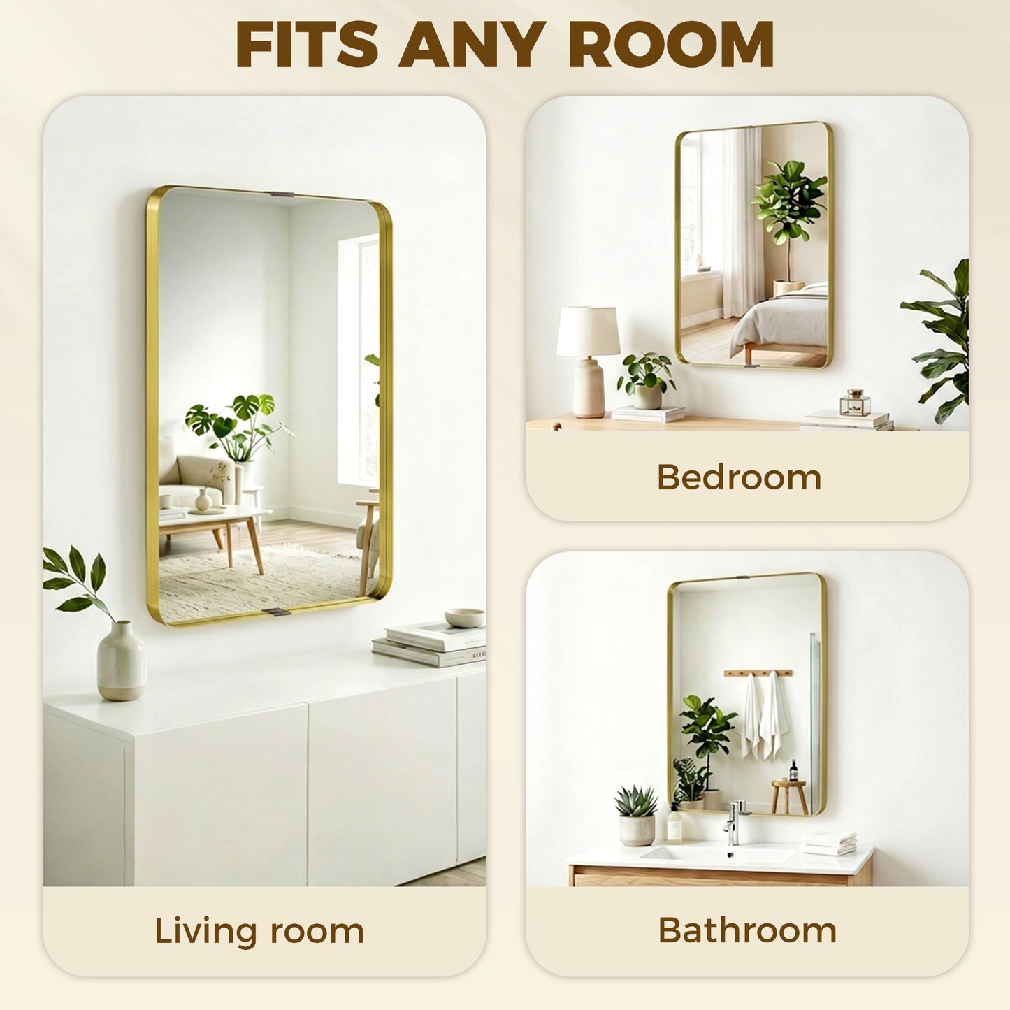 Rectangular Wall Mirror, 90 x 60 cm Wall Mounted Bathroom Mirror with Aluminium Alloy Frame and Tempered Glass for Hallway, Living Room, Bedroom, Gold Tone