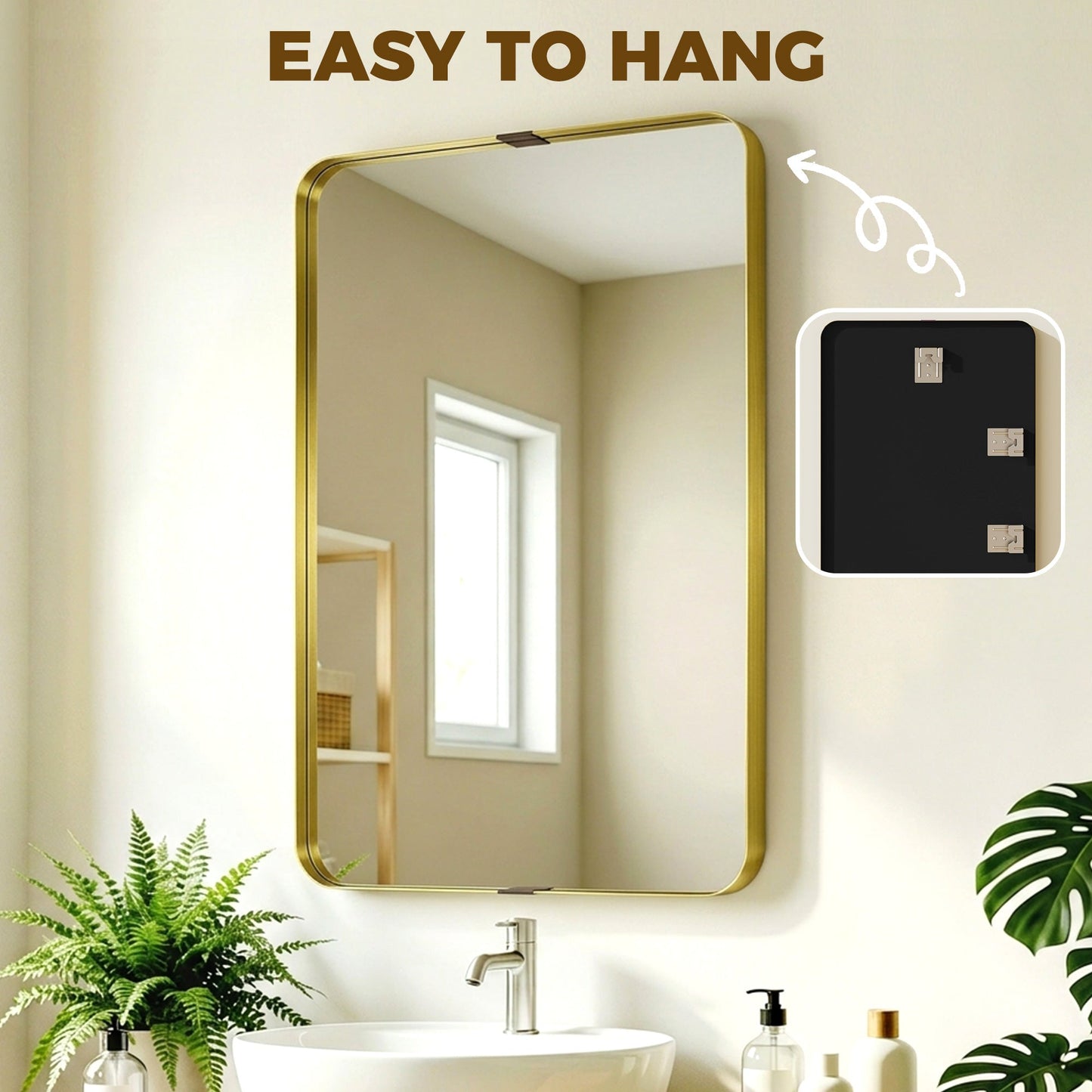 Rectangular Wall Mirror, 90 x 60 cm Wall Mounted Bathroom Mirror with Aluminium Alloy Frame and Tempered Glass for Hallway, Living Room, Bedroom, Gold Tone