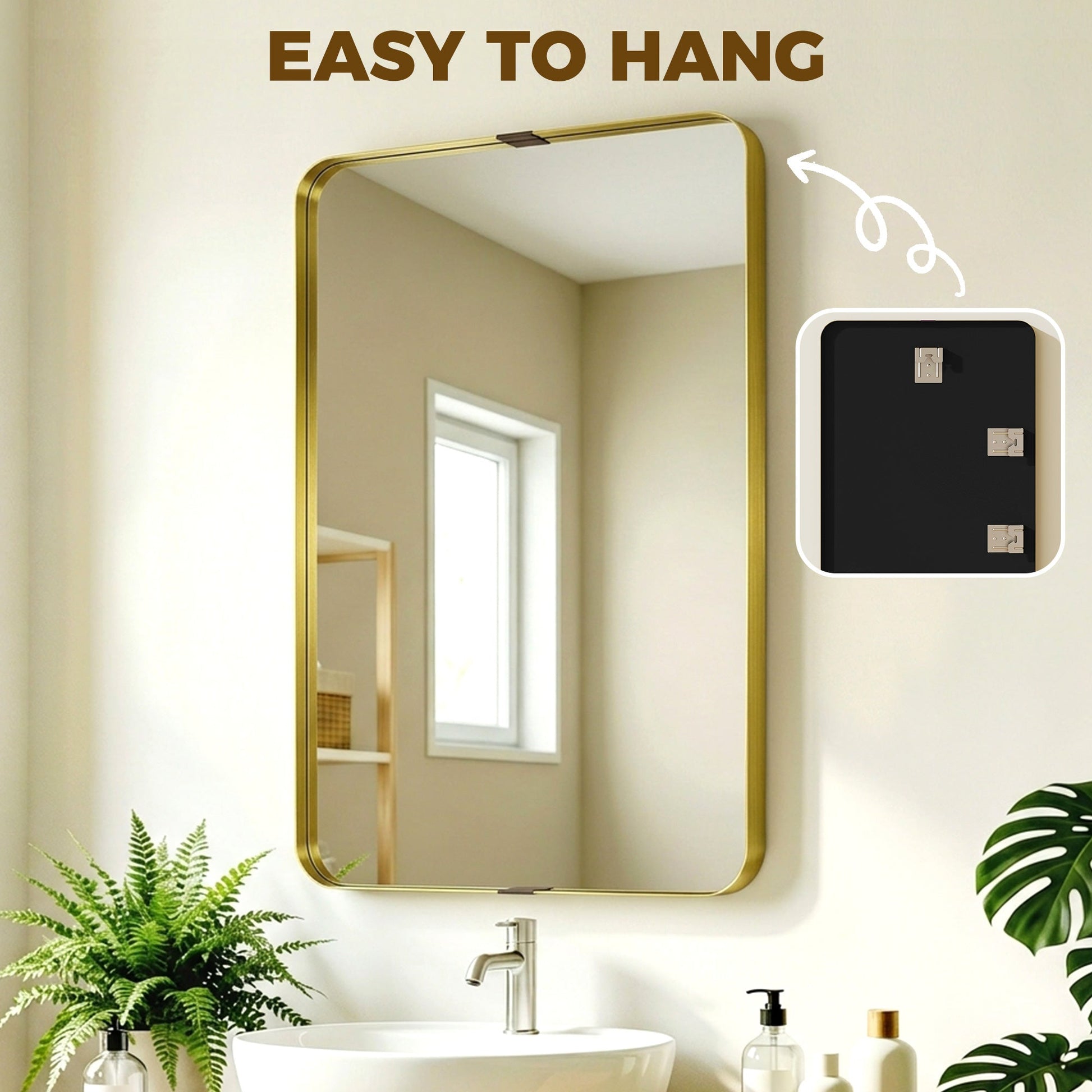 Rectangular Wall Mirror, 90 x 60 cm Wall Mounted Bathroom Mirror with Aluminium Alloy Frame and Tempered Glass for Hallway, Living Room, Bedroom, Gold Tone