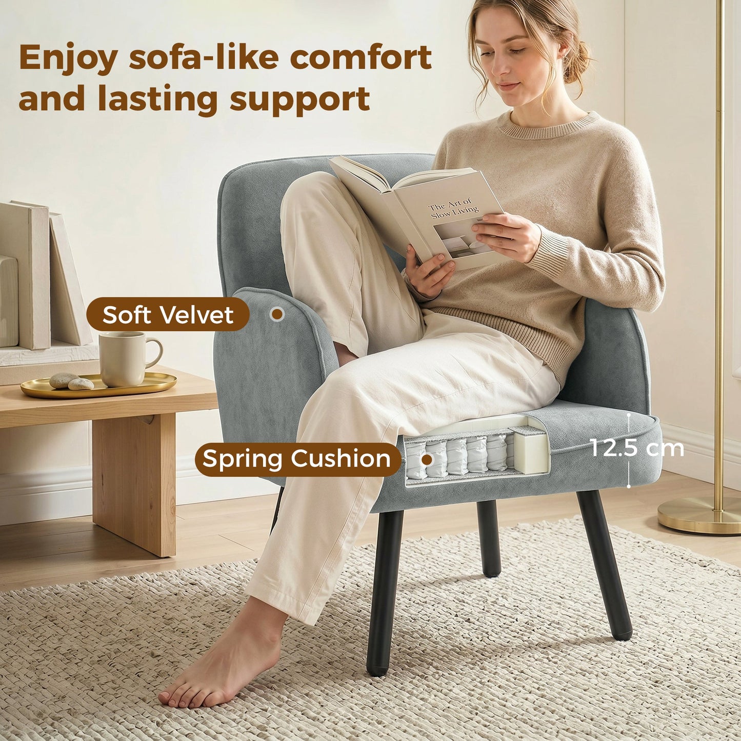 Modern Lounge Chair, Velvet Upholstered Bedroom Lounge Seat with Spring Cushion, Carbon Steel Frame, Armchair with Adjustable Feet, for Living Room, Bedroom, Study, Office, Grey