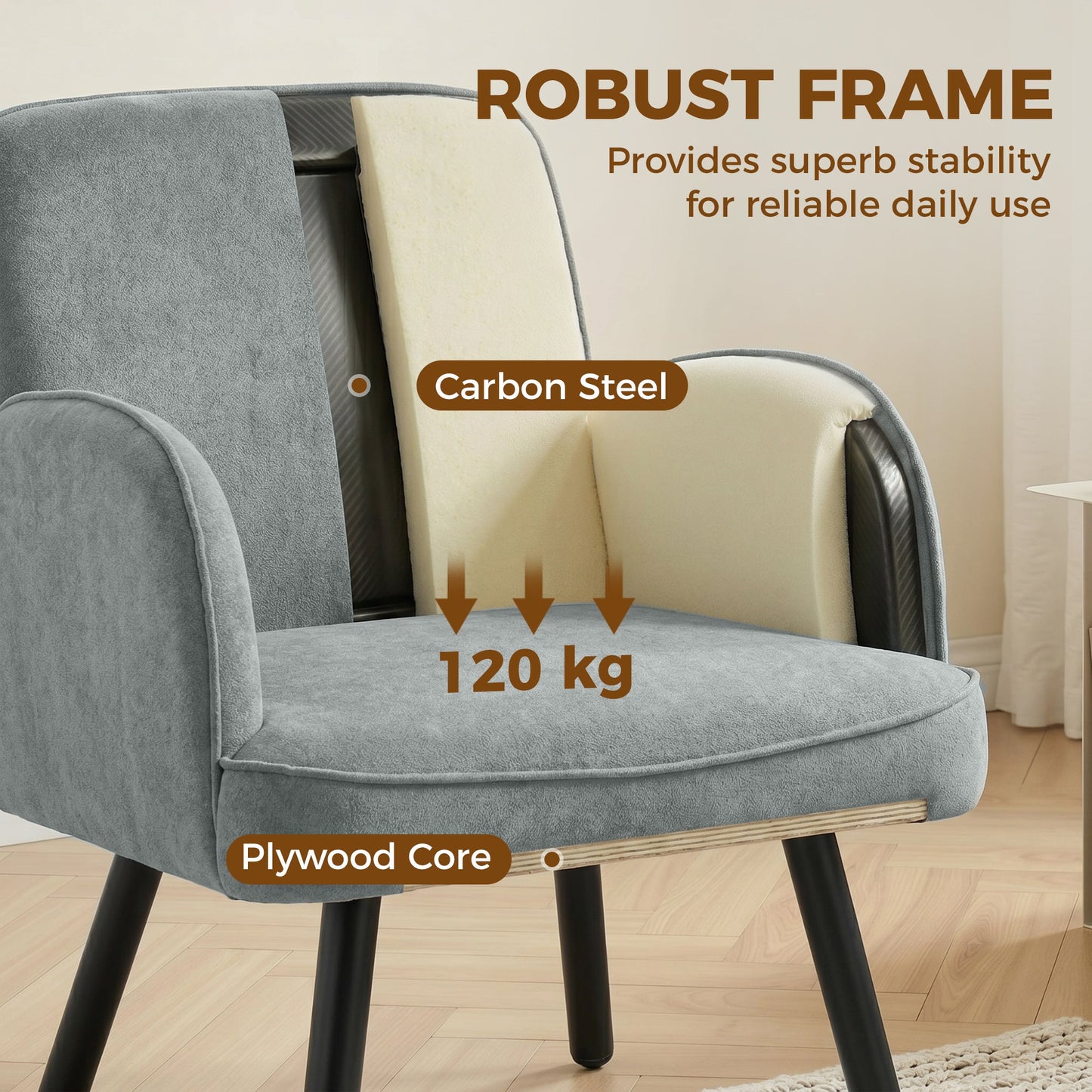Modern Lounge Chair, Velvet Upholstered Bedroom Lounge Seat with Spring Cushion, Carbon Steel Frame, Armchair with Adjustable Feet, for Living Room, Bedroom, Study, Office, Grey